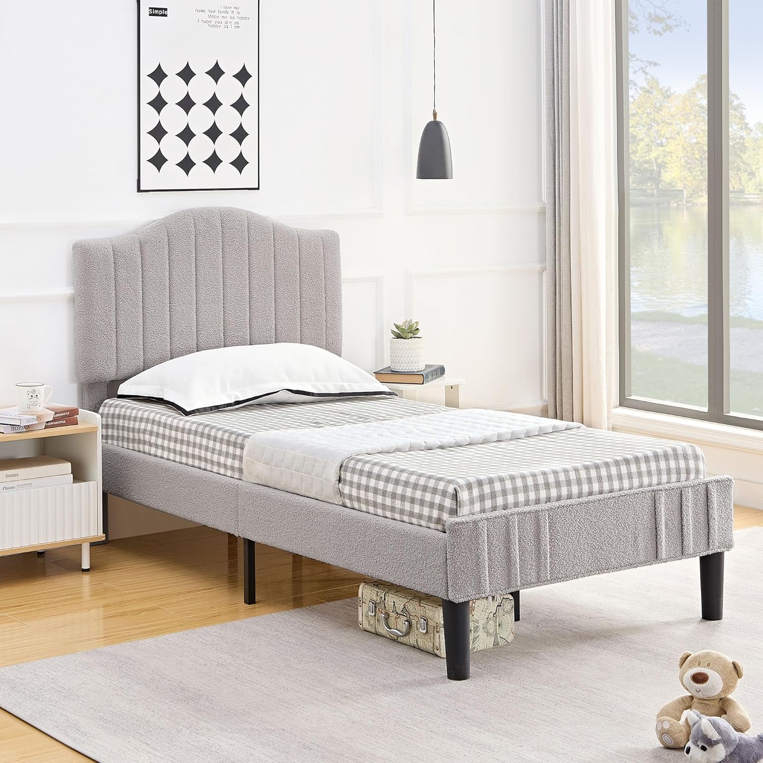 VECELO Upholstered Platform Bed Frame with Sheepskin Fabric Adjustable Headboard/Strong Wood Slats Supports