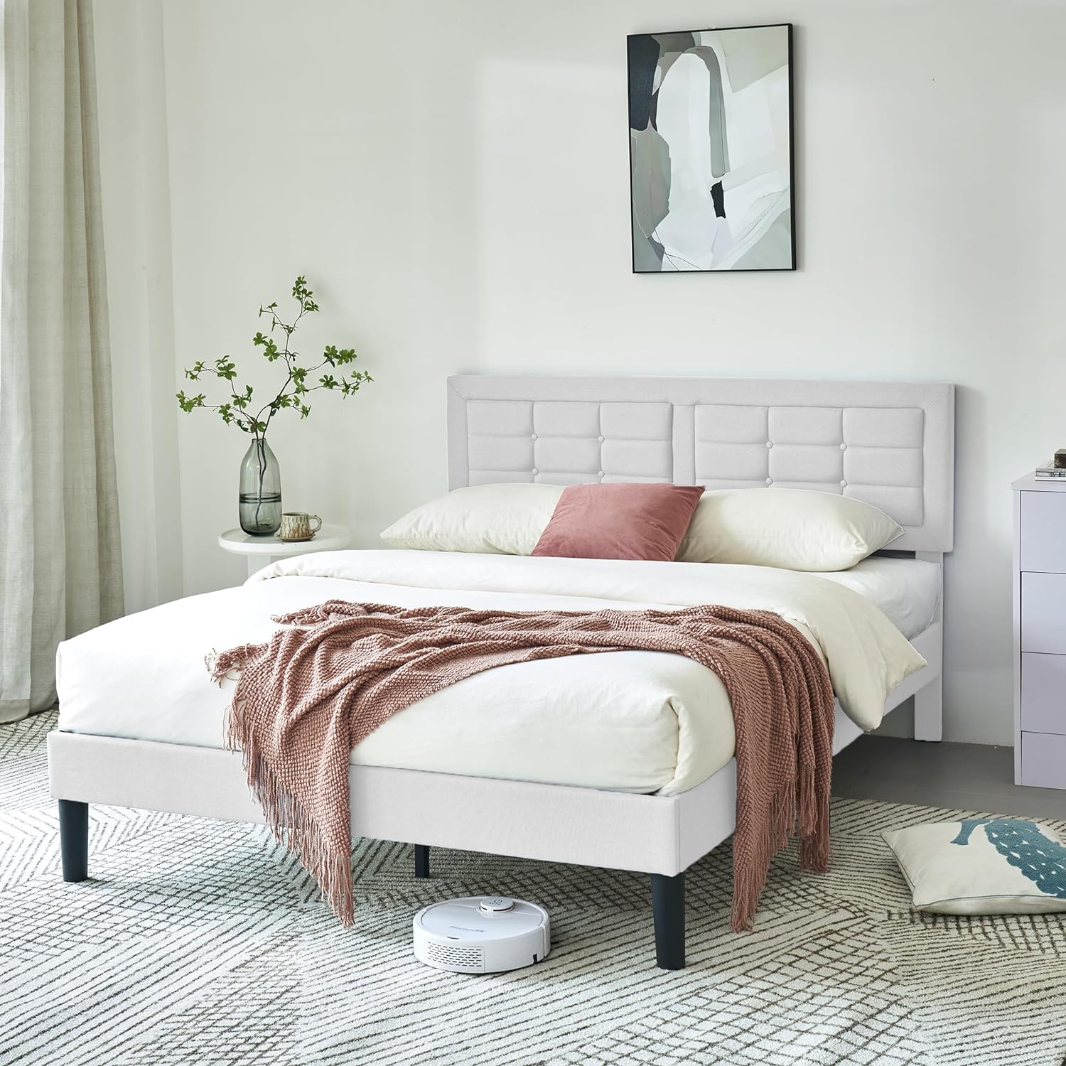VECELO Upholstered Platform Bed Frame with Height Adjustable Headboard - VECELO