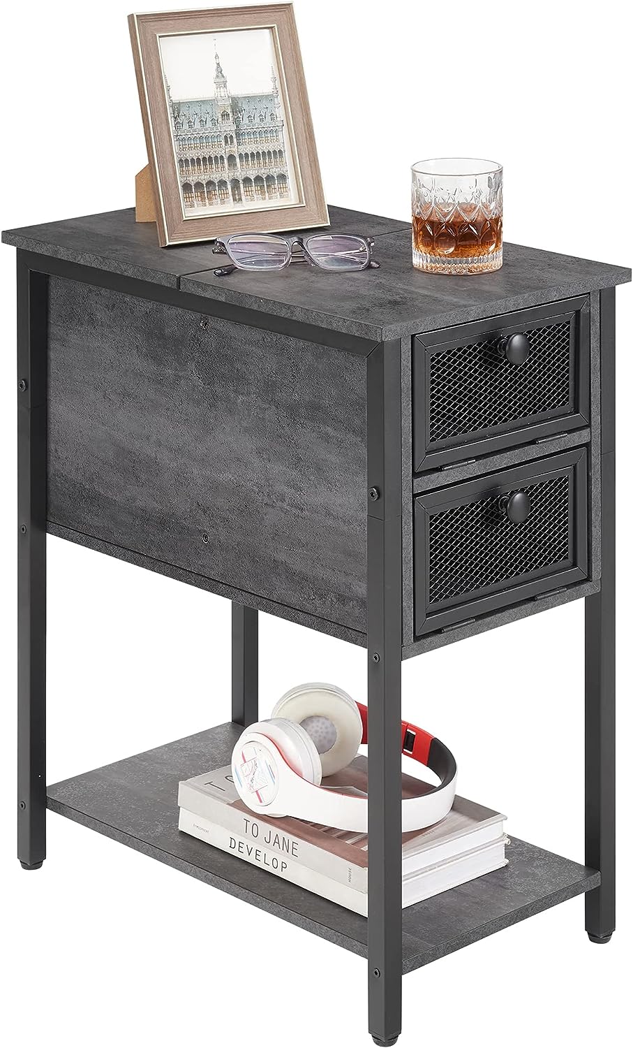 VECELO 24''Tall Flip Top Narrow Side Table with Storage Shelf for Living Room - VECELO