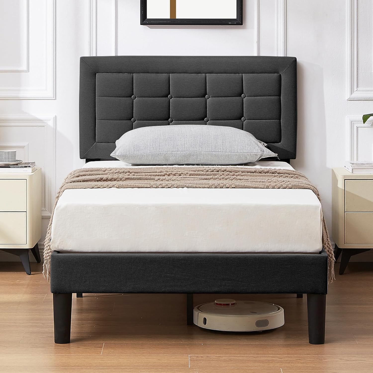 VECELO Upholstered Platform Bed Frame with Height Adjustable Headboard - VECELO