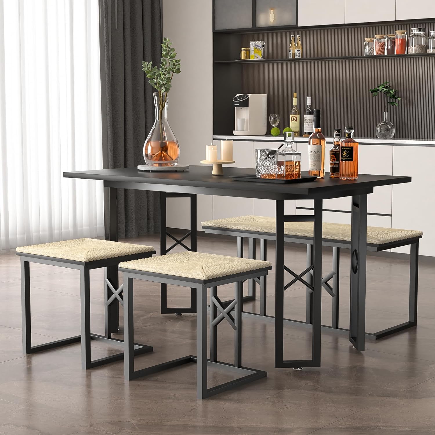 VECELO 43.3" Farmhouse Room Sets for 4 with 3 Benches Wicker-Knot Cushions - VECELO