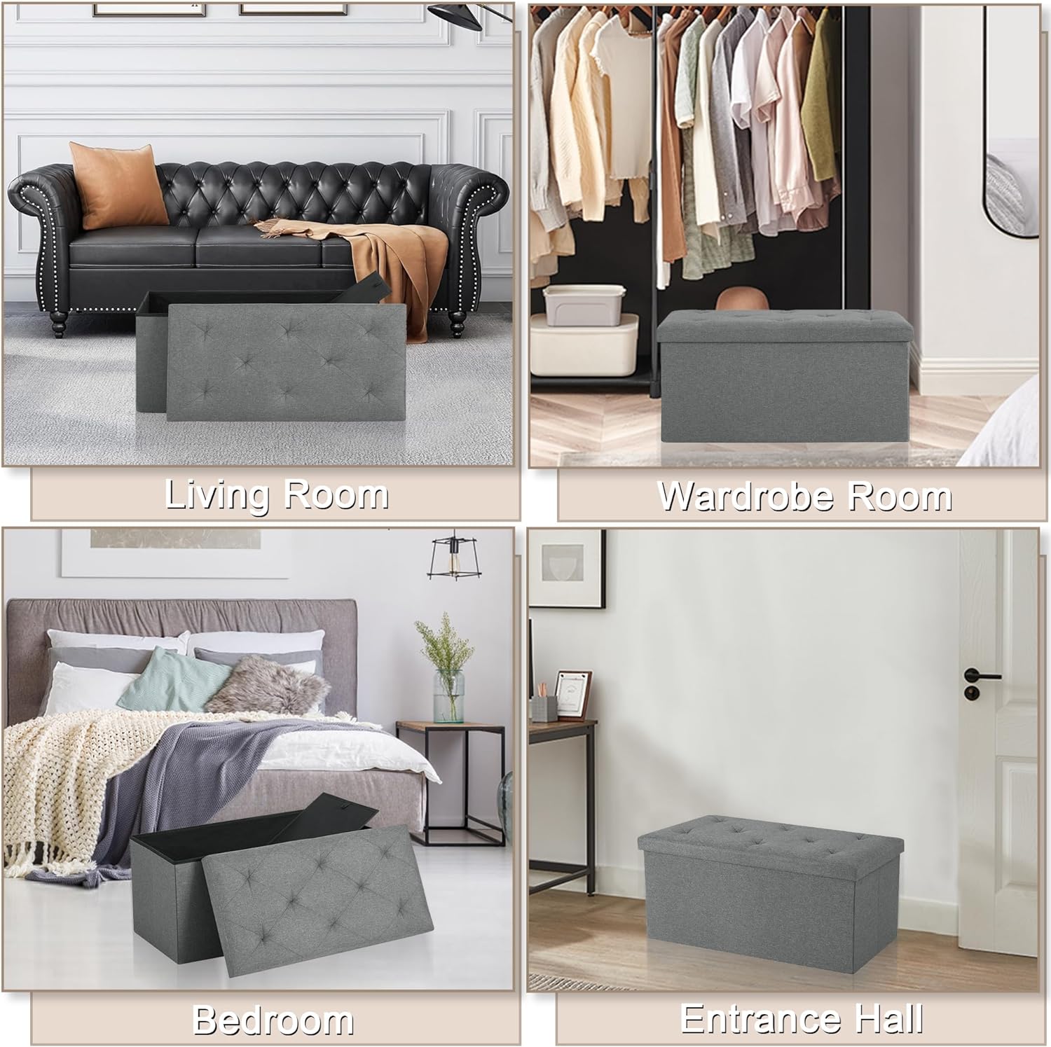 VECELO Folding Storage Ottoman Bench, Storage Chest, Linen Fabric - VECELO