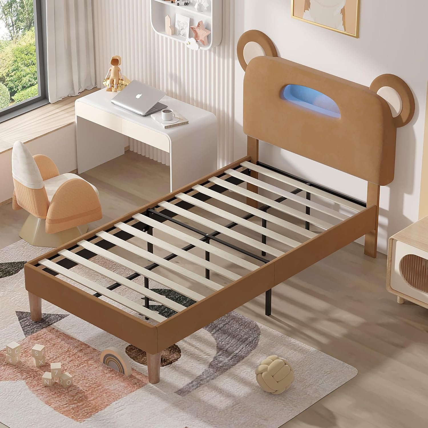 VECELO Twin Size Bed Frame with LED Light, Upholstered Platform Bedframe with Bear Adjustable Headboard