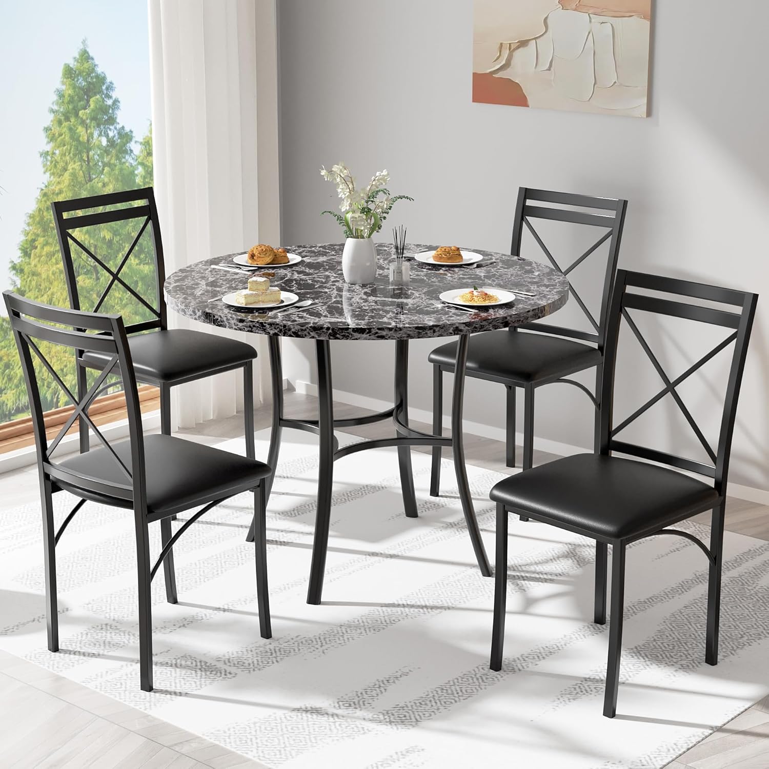 VECELO 36" Round Dining Table for 4, Faux Marble Dinette with Metal Frame for Kitchen - VECELO