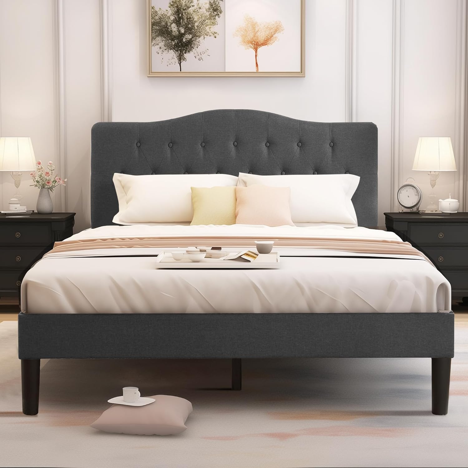 VECELO Classic Upholstered Platform Bed Frame with Diamond Stitched Cloth - VECELO