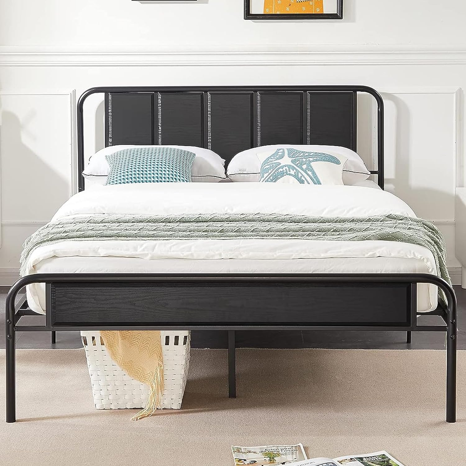 VECELO Bed Frame Metal Platform with Wooden Headboard Footboard Heavy Duty Mattress Foundation - VECELO
