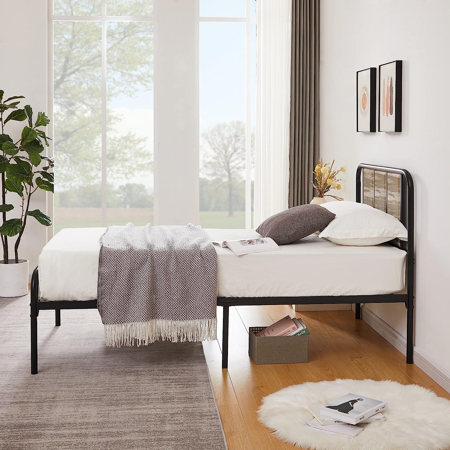 VECELO Bed Frame Metal Platform with Wooden Headboard Footboard Heavy Duty Mattress Foundation - VECELO