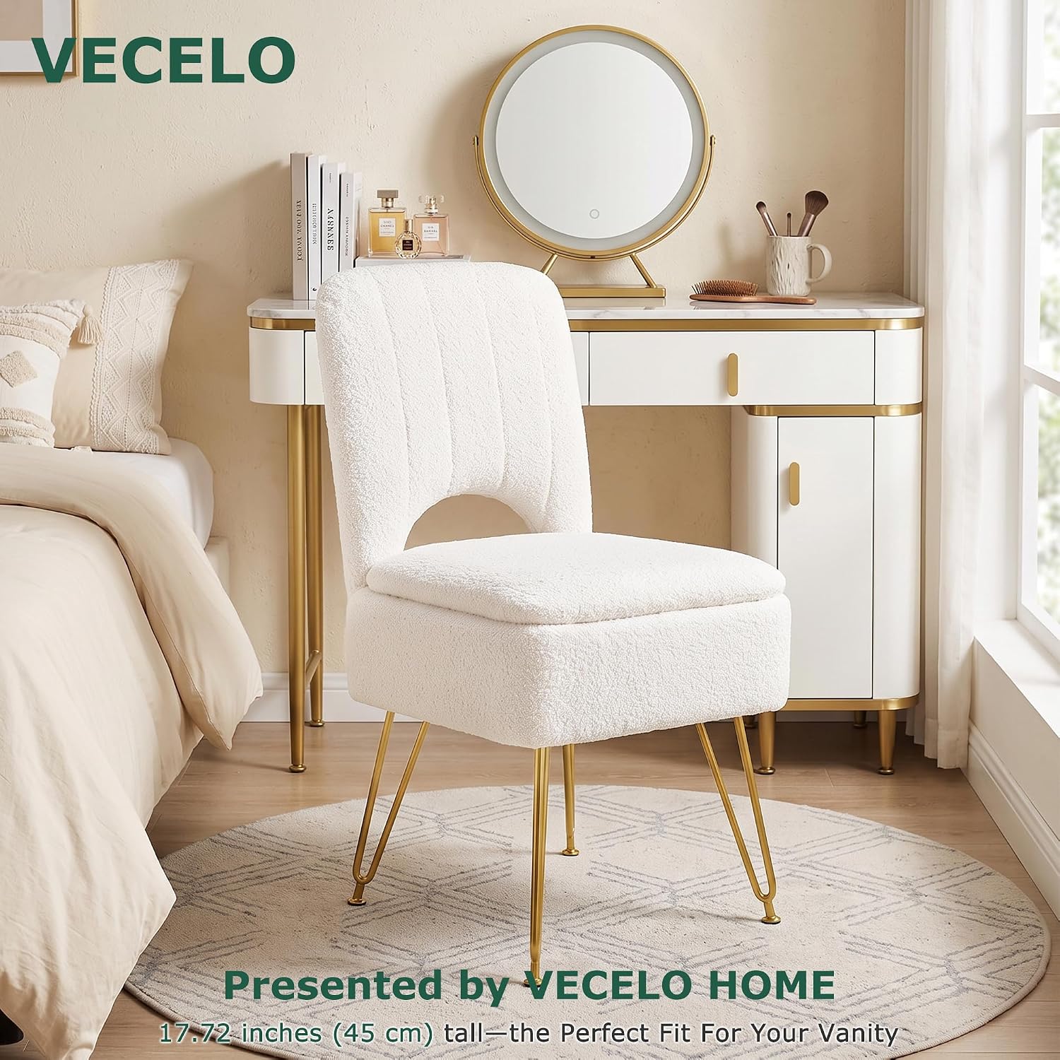 VECELO White Vanity Stool Chair with Storage and Folding Back