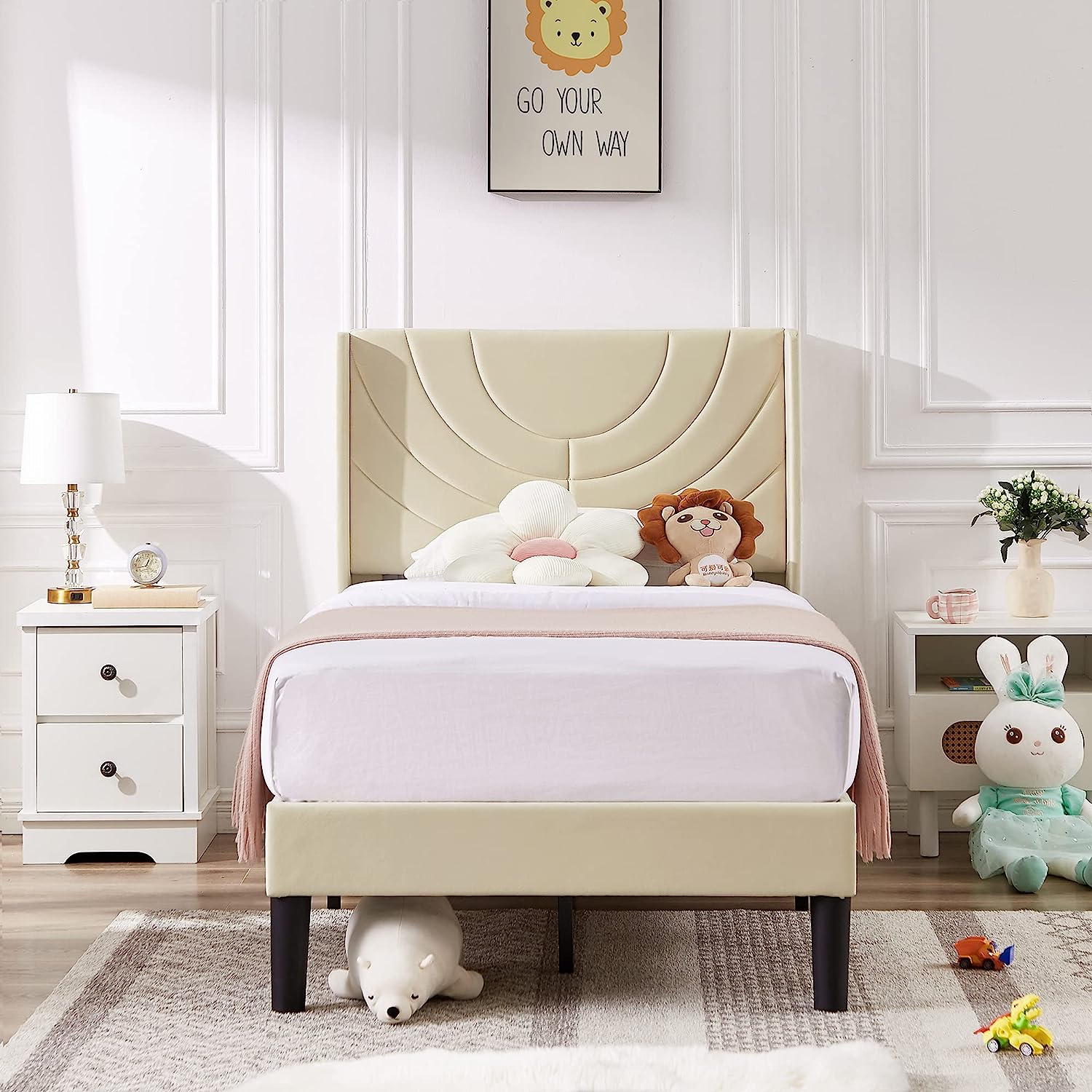 VECELO Upholstered Platform Bed Frame with Adjustable Fabric Headboard