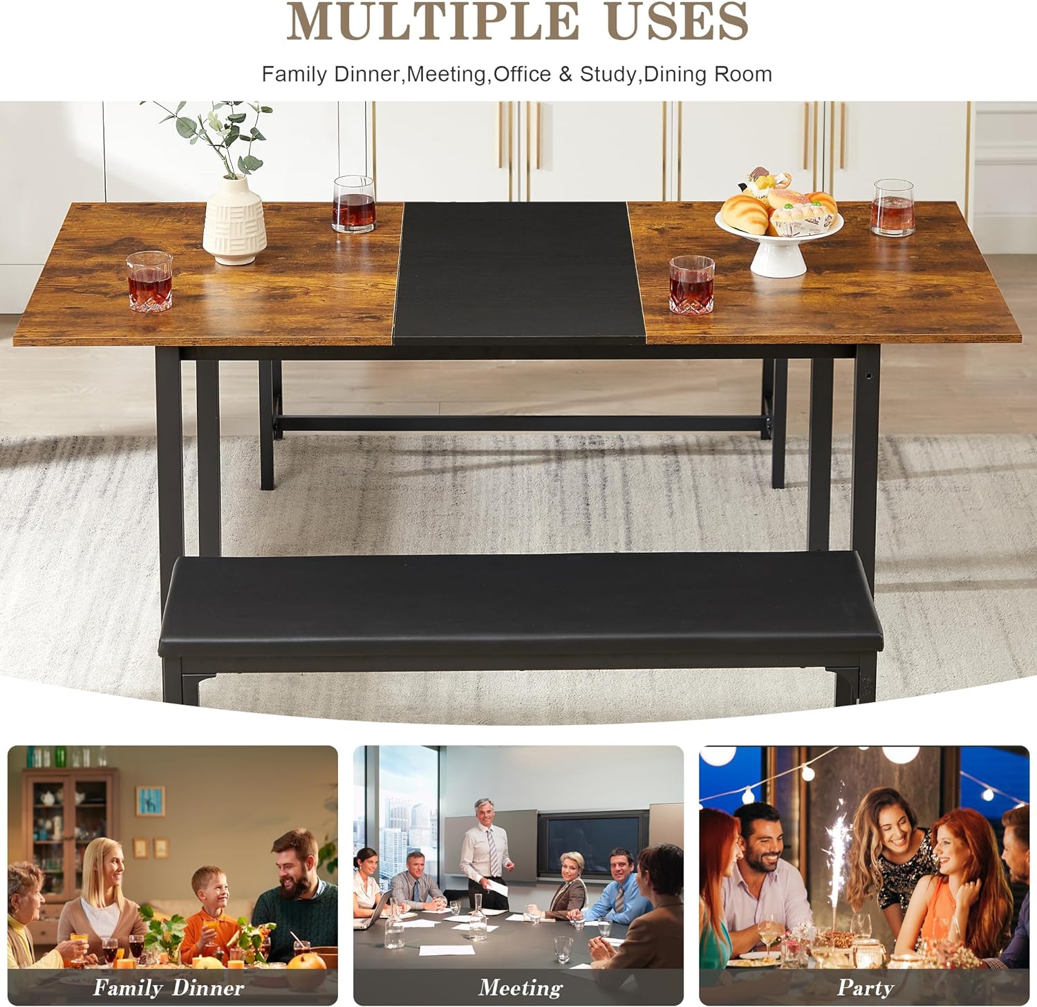 VECELO 3-Piece 63" Extendable Kitchen Table with Benches - VECELO