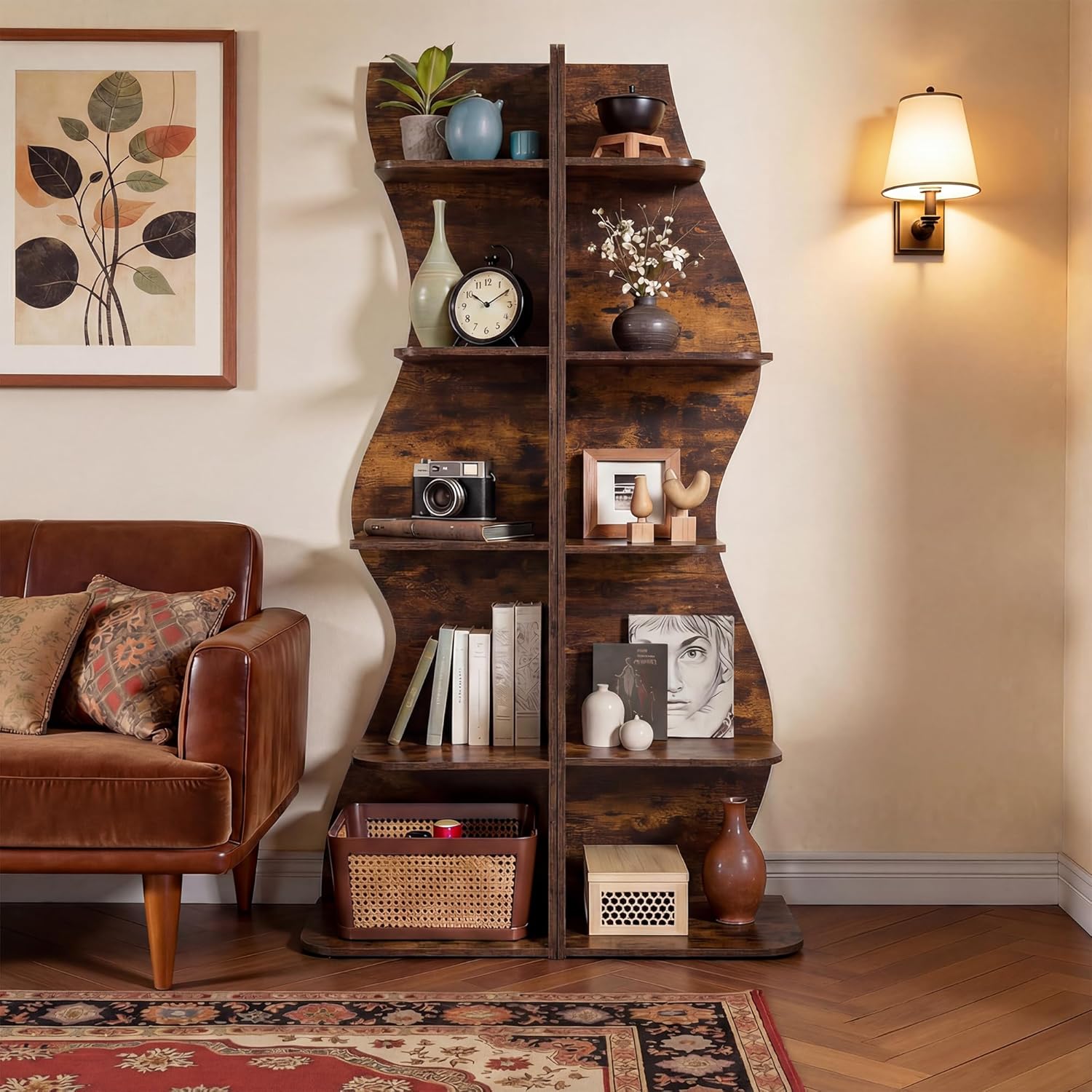 VECELO Wavy Corner Shelf, Decorative 5-Tier Storage Bookshelf