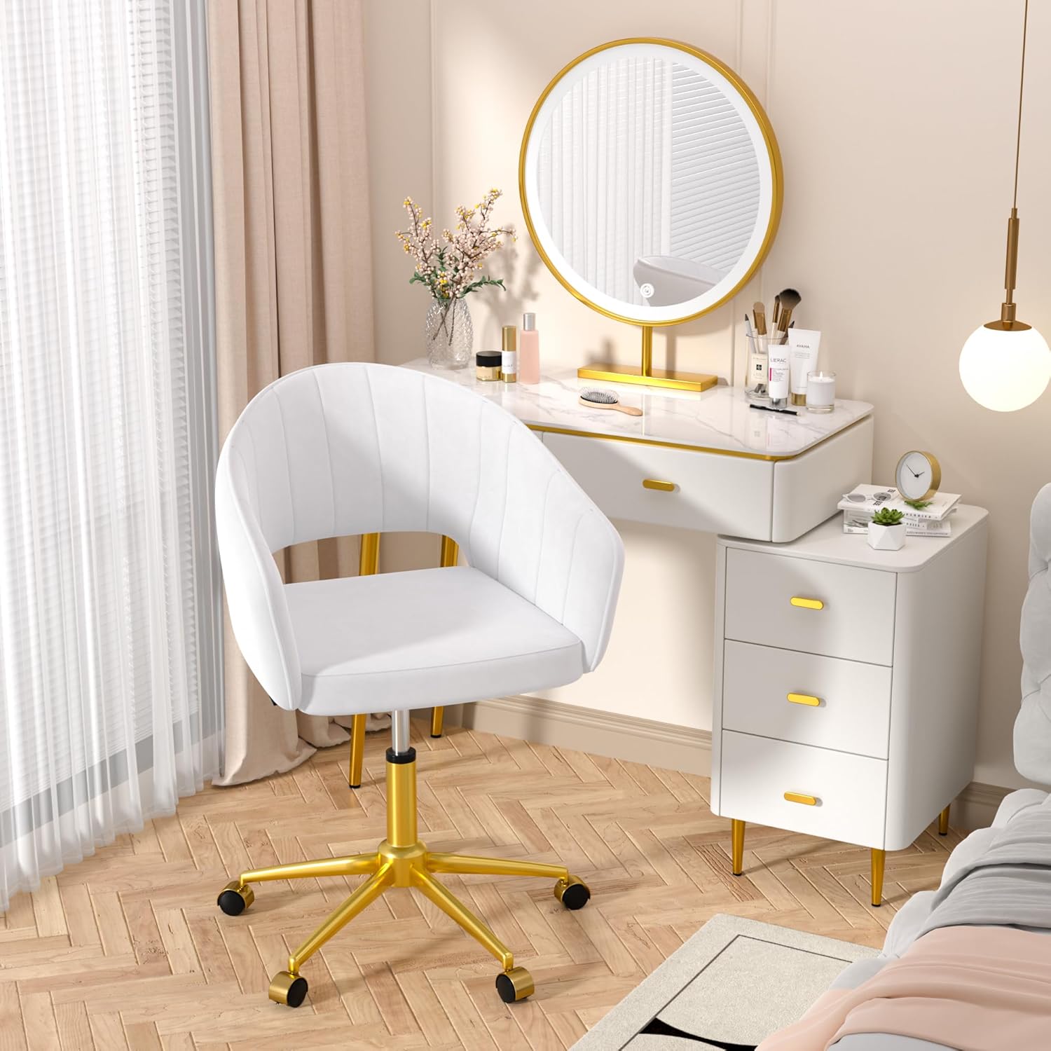 VECELO Velvet Accent Chair,Vanity Chair with Gold Base Embrased Backrest