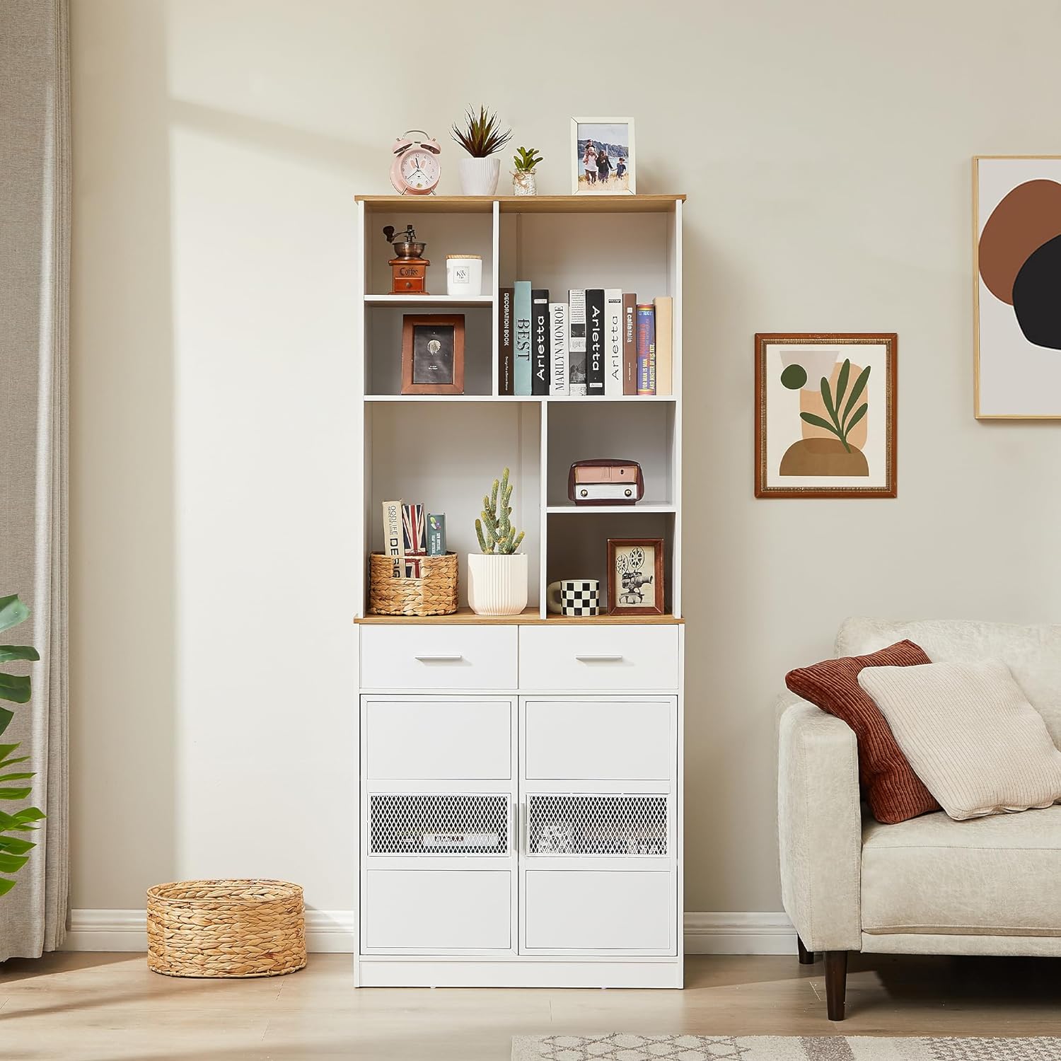 VECELO Floor Storage Cabinet 72" Free Standing Kitchen Pantry Buffet Cupboard with Multi Open Shelves and 2 Drawers - VECELO