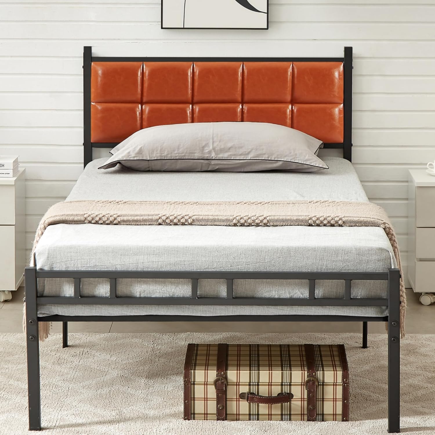 VECELO Bed Frame with PU Upholstered Headboard Metal Slats Support, No Box Spring Needed - VECELO
