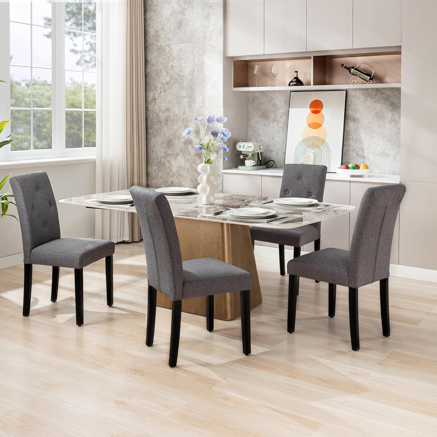 VECELO Upholstered Dining Set of 2 Modern Fabric Dinning Chair with Solid Wood Legs and High Back