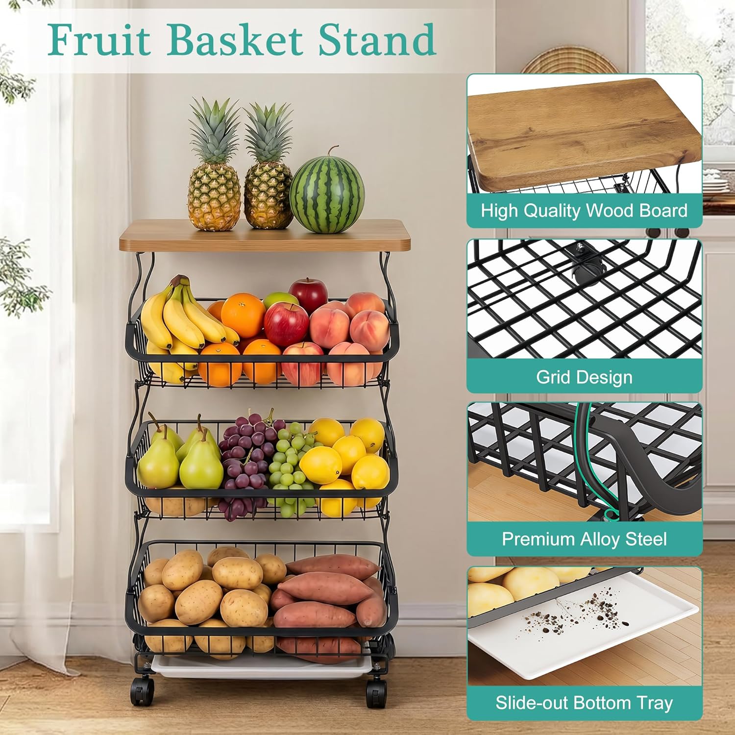 VECELO 4-Tier Fruit Basket with Wheels