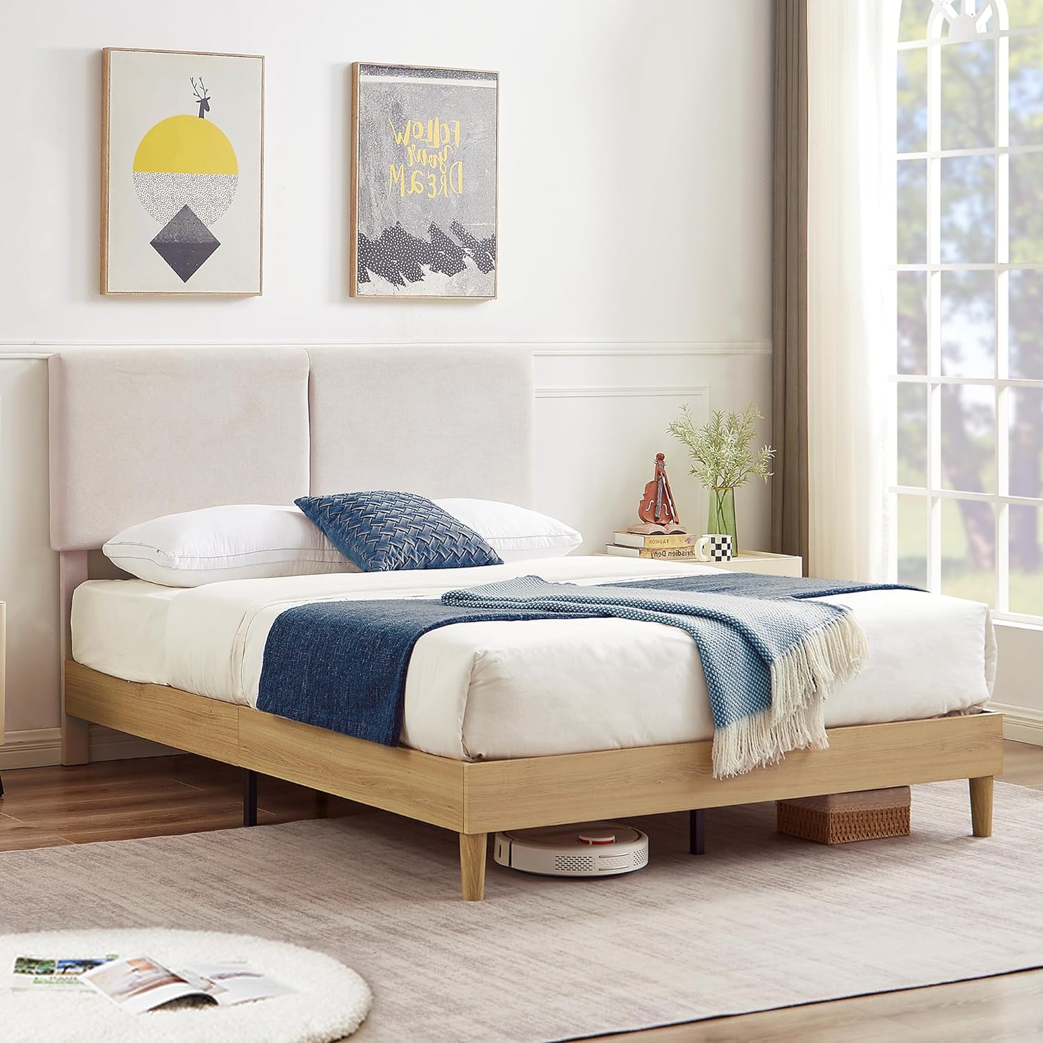 VECELO Upholstered Platform Bed Frame with Height-Adjustable Cotton and Linen Headboard