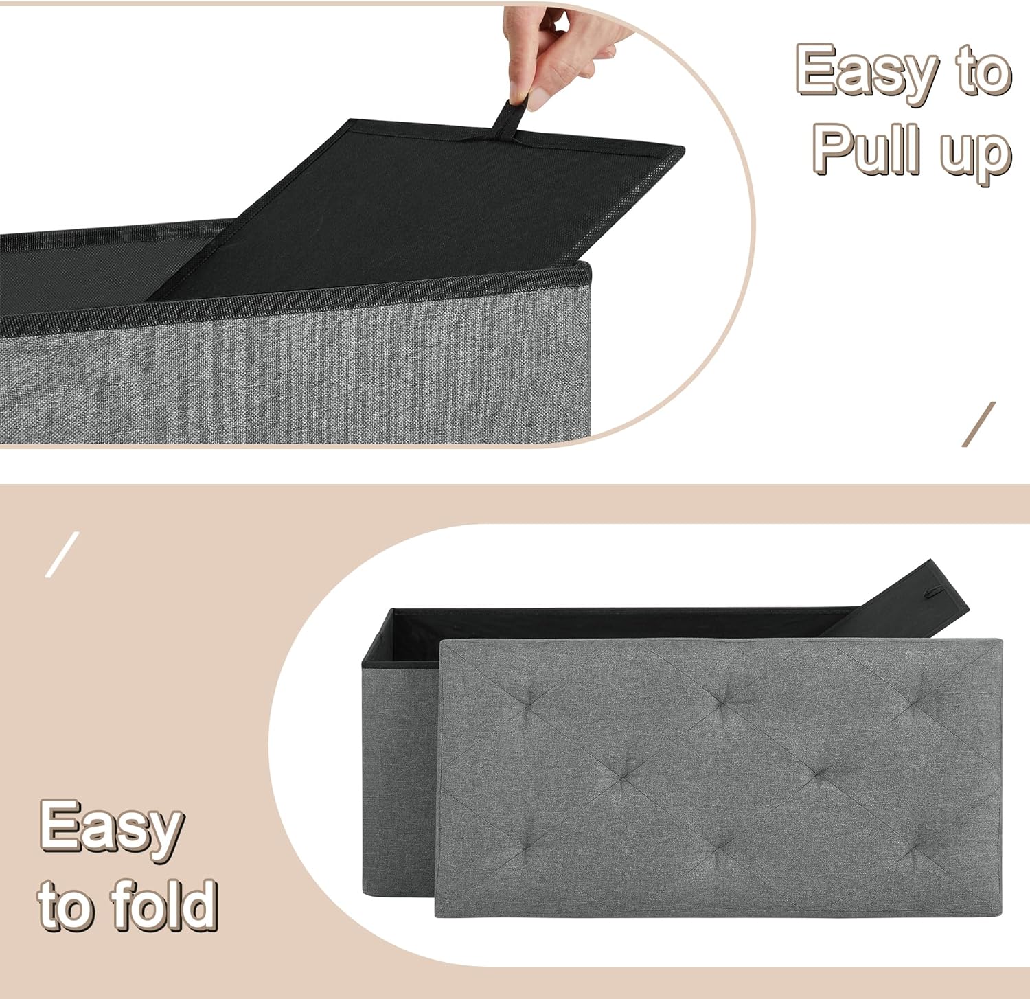 VECELO Folding Storage Ottoman Bench, Storage Chest, Linen Fabric - VECELO