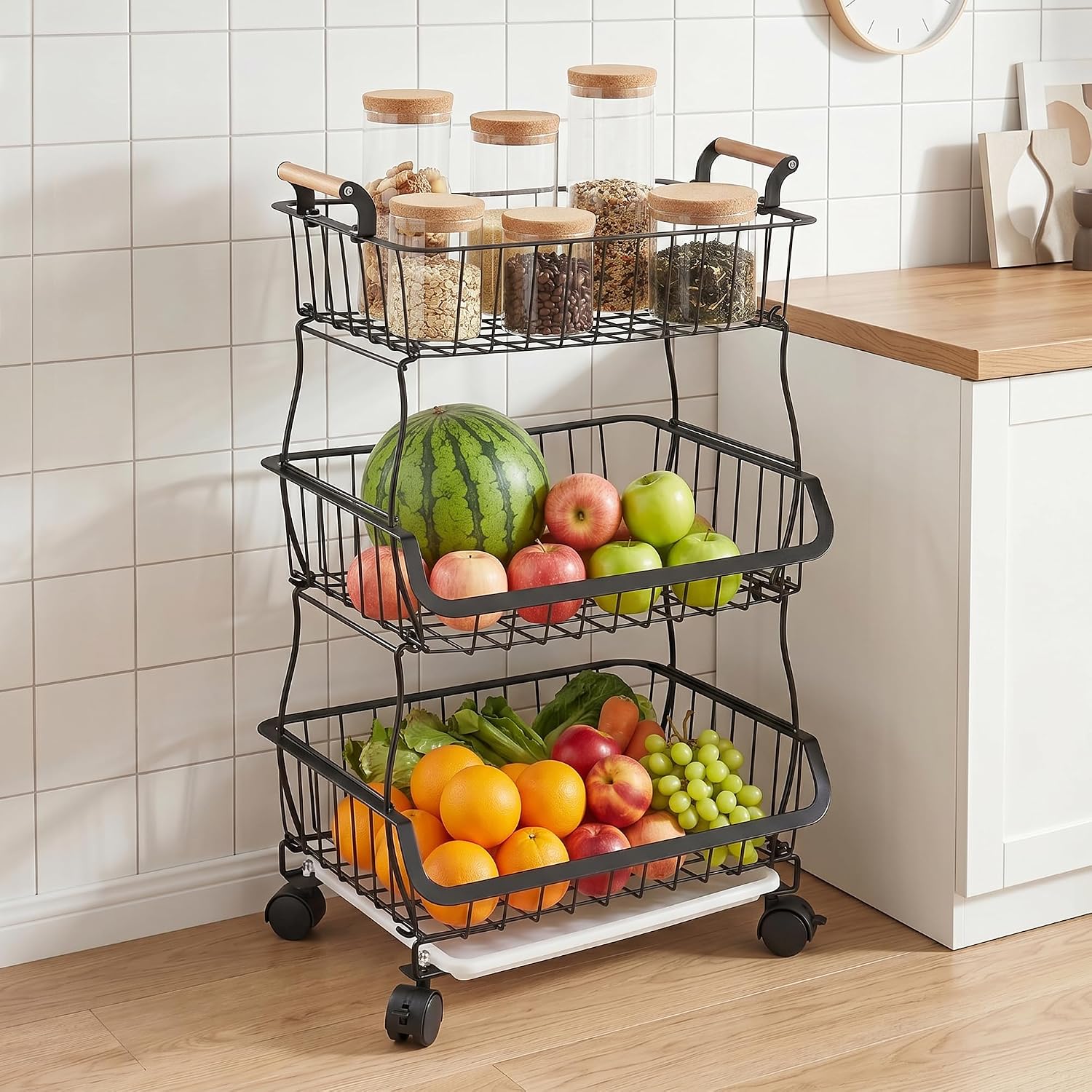 VECELO 3-Tier Fruit Basket with Wheels,