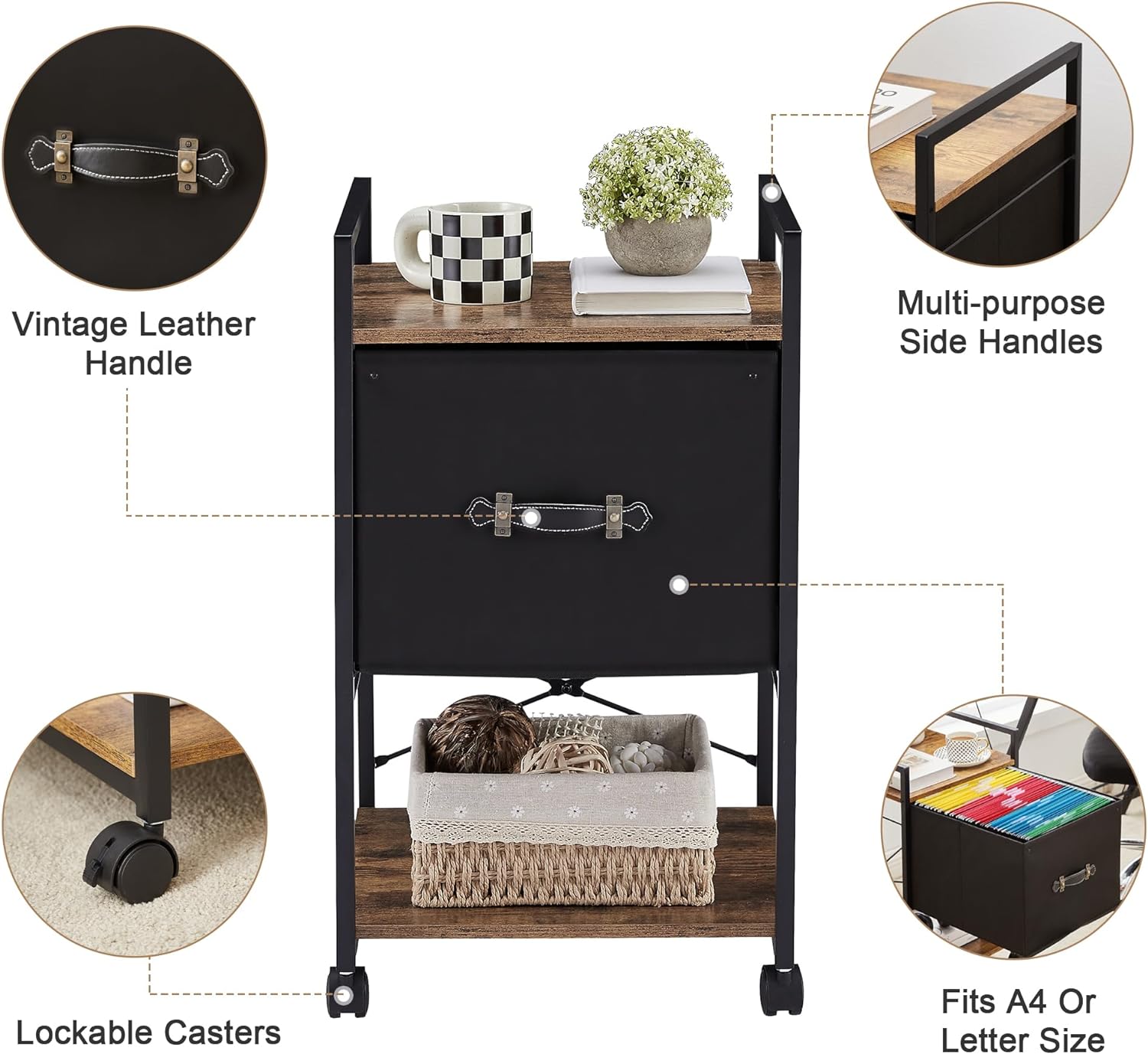 VECELO Mobile Vertical Filing Cabinet, Rolling Printer Shelf with Handle