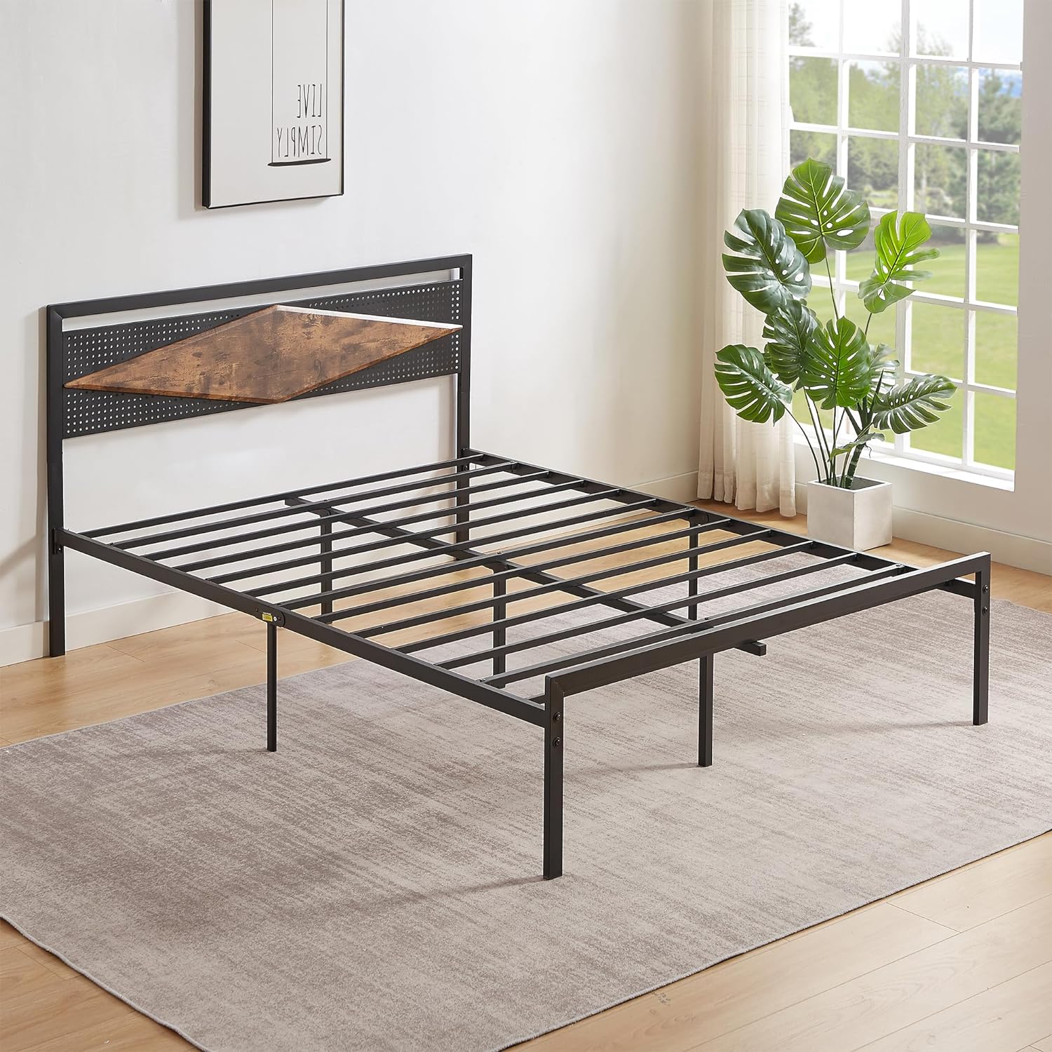 VECELO Metal Bed Frame Platform with Wood Grain Headboard&Footboard