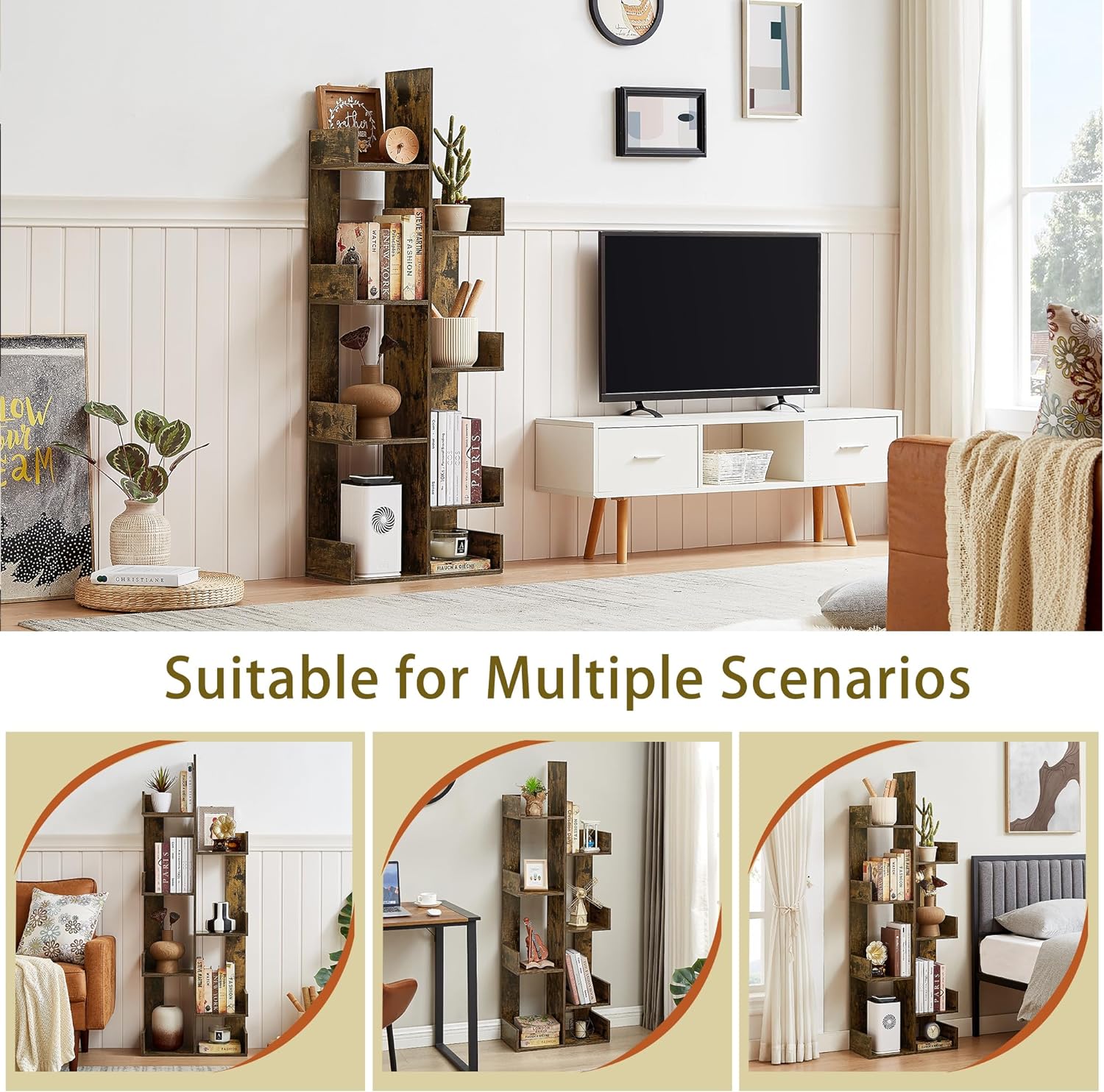 VECELO Tree Bookshelf, Geometric 8 Shelf Tree Bookcase Wood Bookshelves Display