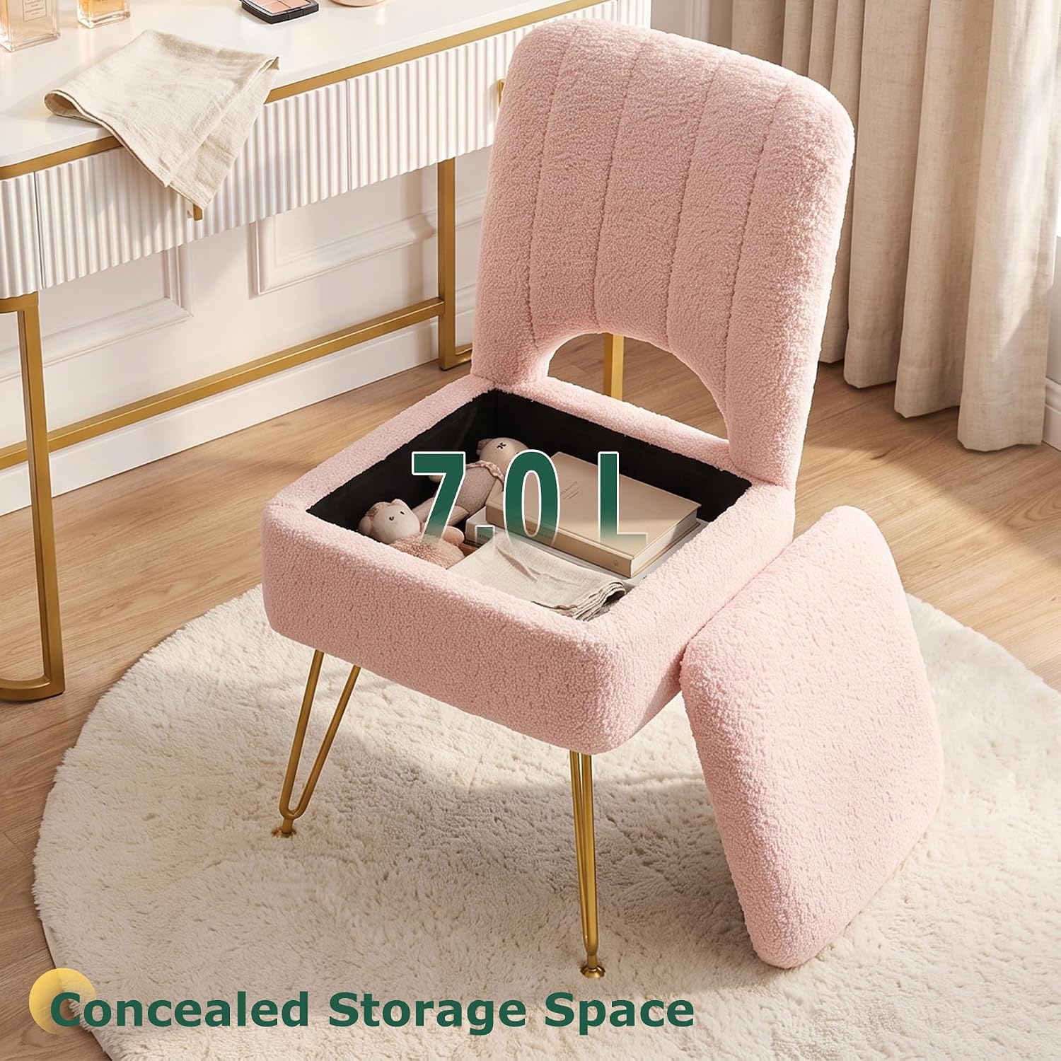 VECELO White Vanity Stool Chair with Storage and Folding Back