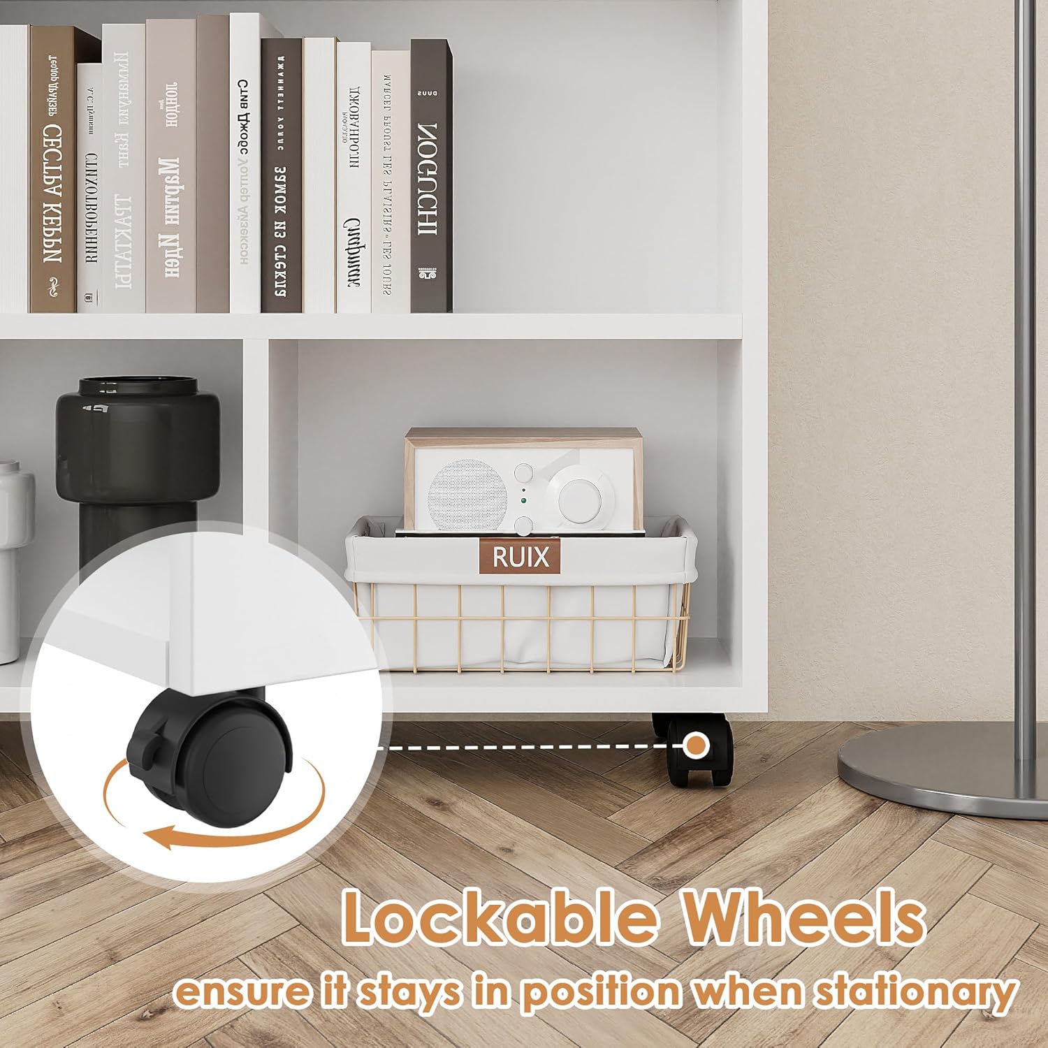 VECELO Book Cart, Library Wood Rolling Book Truck with Lockable Wheels, for Home Office, White - VECELO