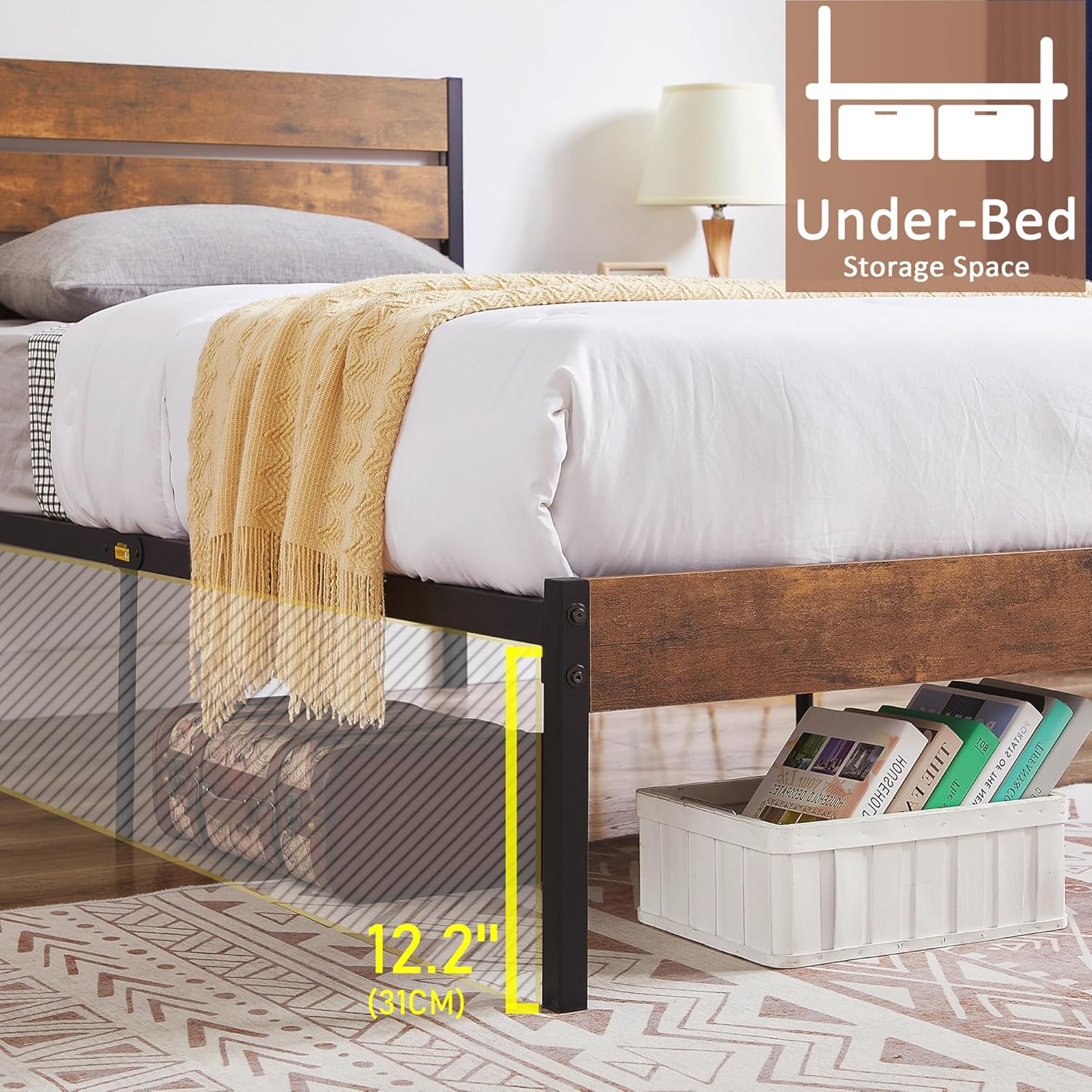 VECELO Platform Bed Frame with Rustic Vintage Wood Headboard/Strong Metal Slats Support