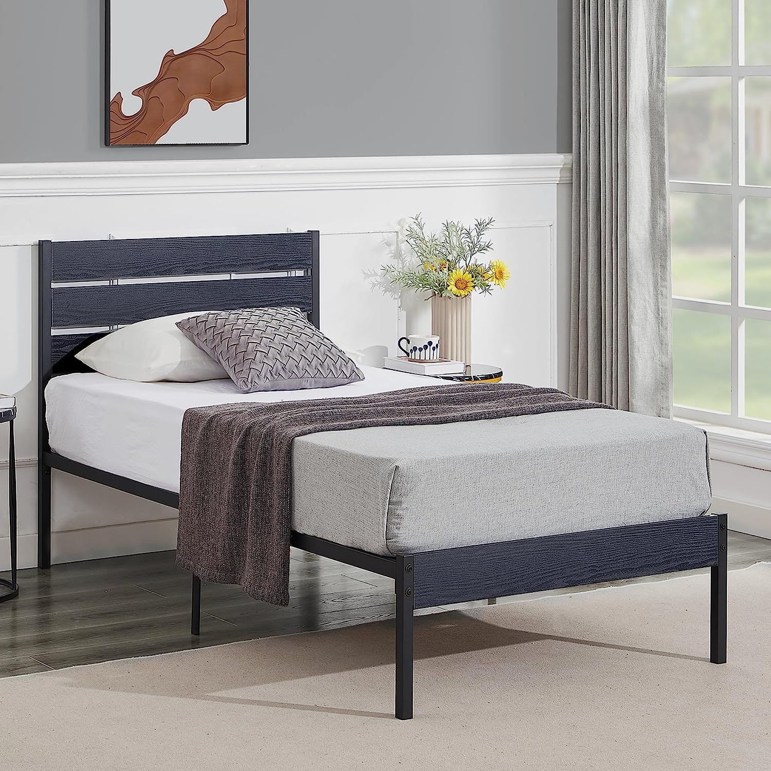 VECELO Platform Bed Frame with Rustic Vintage Wood Headboard/Strong Metal Slats Support