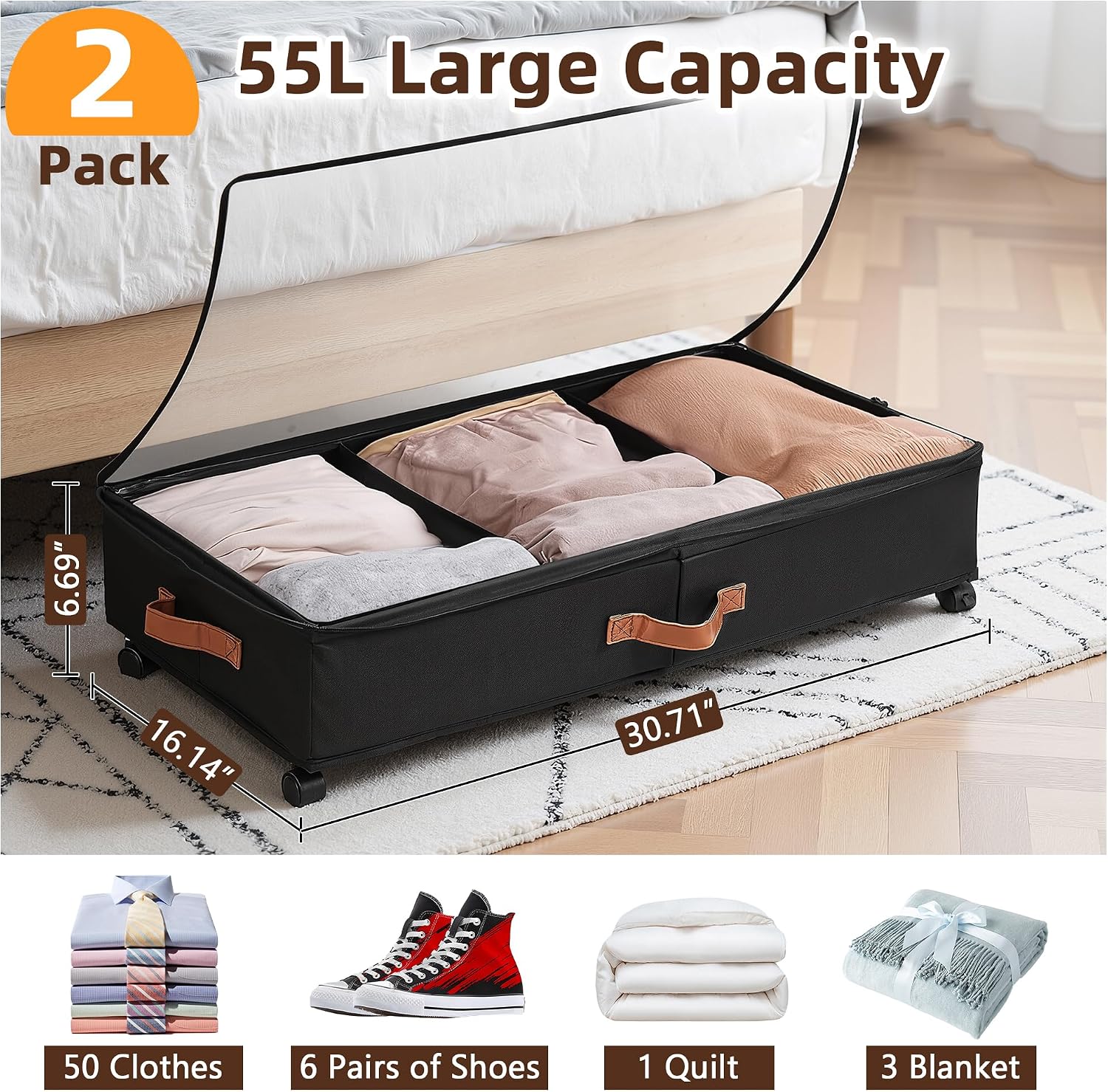 VECELO Under Bed Storage with Wheels