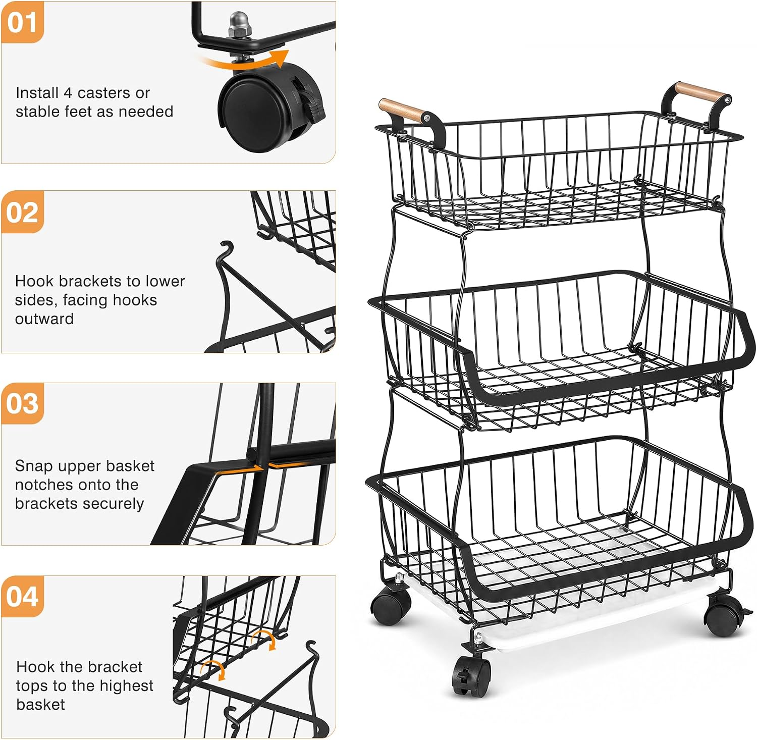 VECELO 3-Tier Fruit Basket with Wheels,
