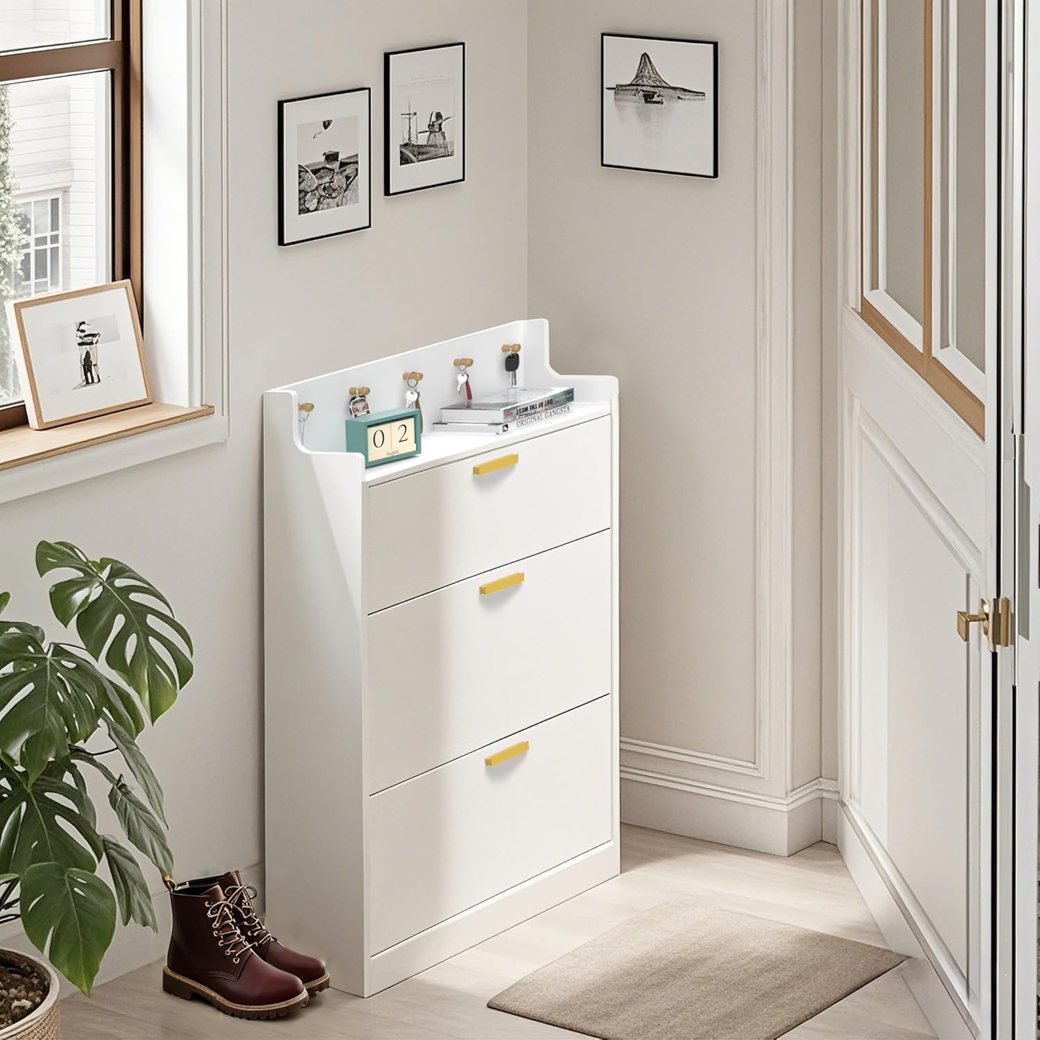 VECELO Shoe Cabinet with 2 Flip Drawers for Entryway