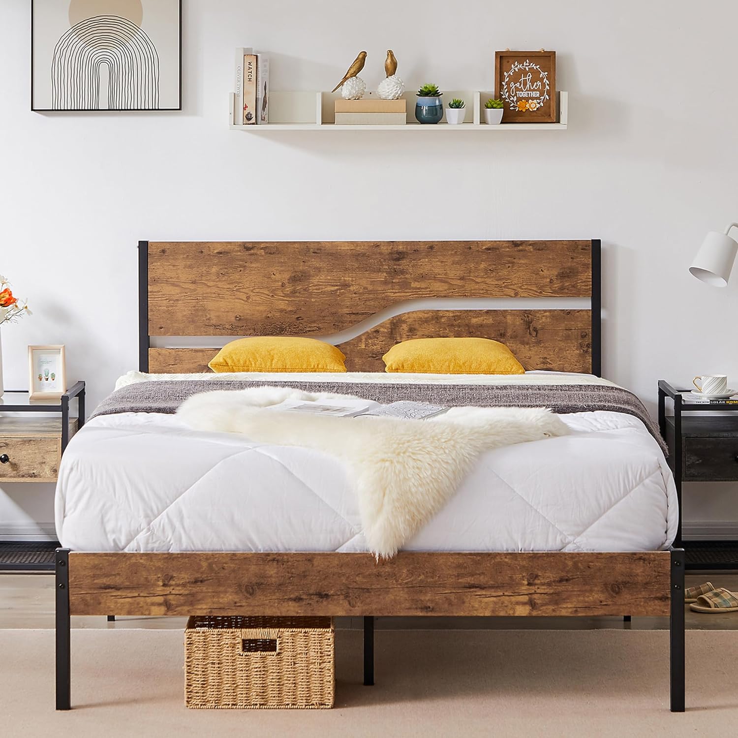 VECELO Platform Bed Frame/Mattress Foundation with Rustic Vintage Wood Headboard