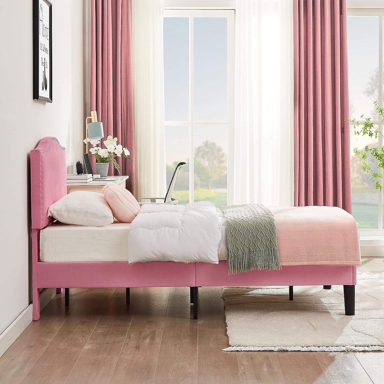 VECELO Bed Frame Platform with Upholstered Headboard & Wooden Slats Support - VECELO