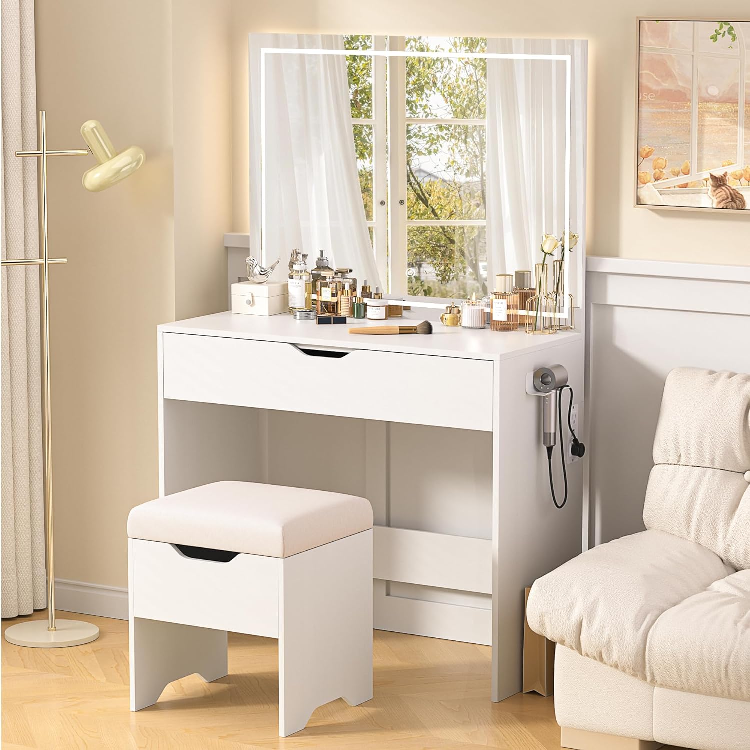 Vanity Desk Set with LED Adjustable Lighted Mirror & Power Outlet