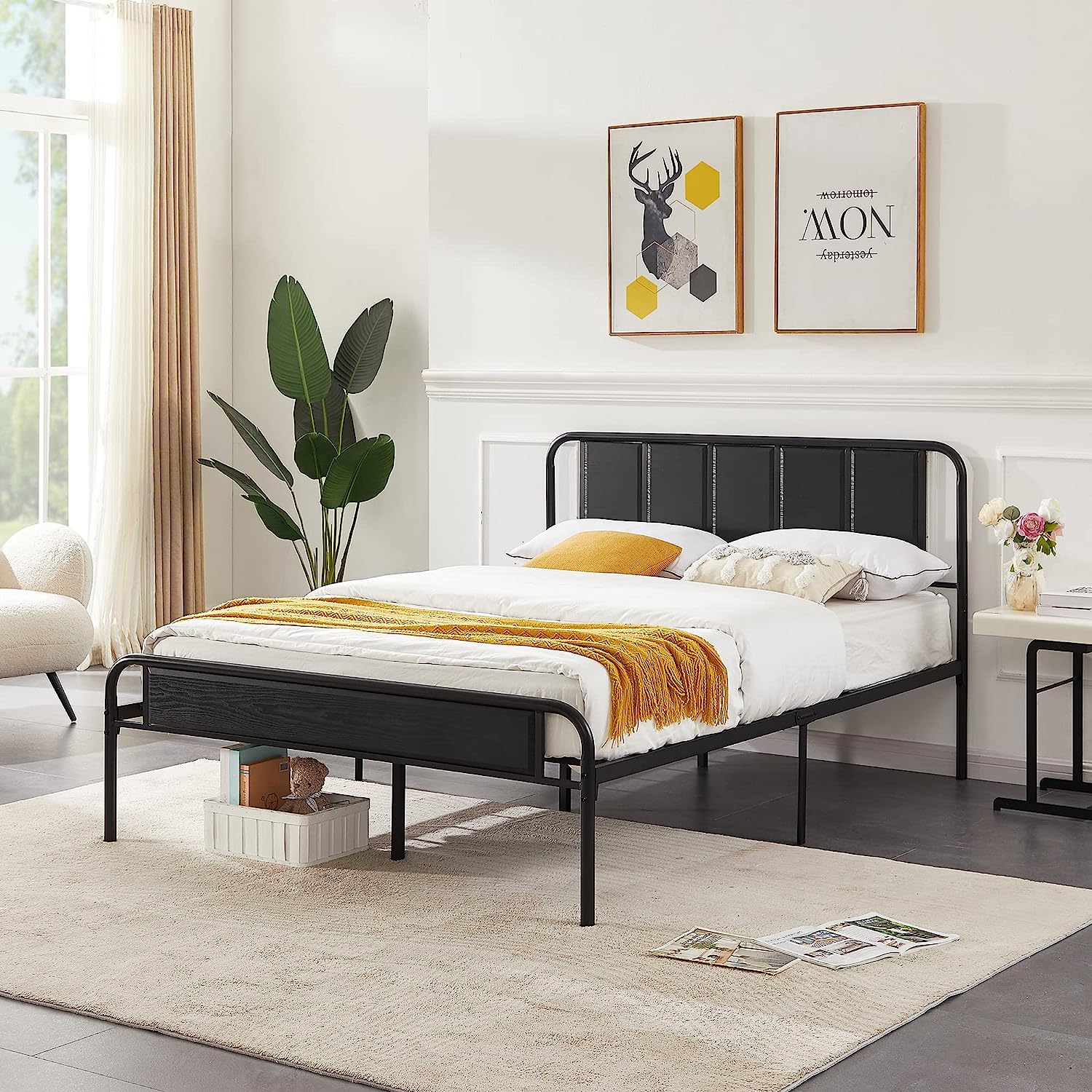 VECELO Bed Frame Metal Platform with Wooden Headboard Footboard Heavy Duty Mattress Foundation - VECELO