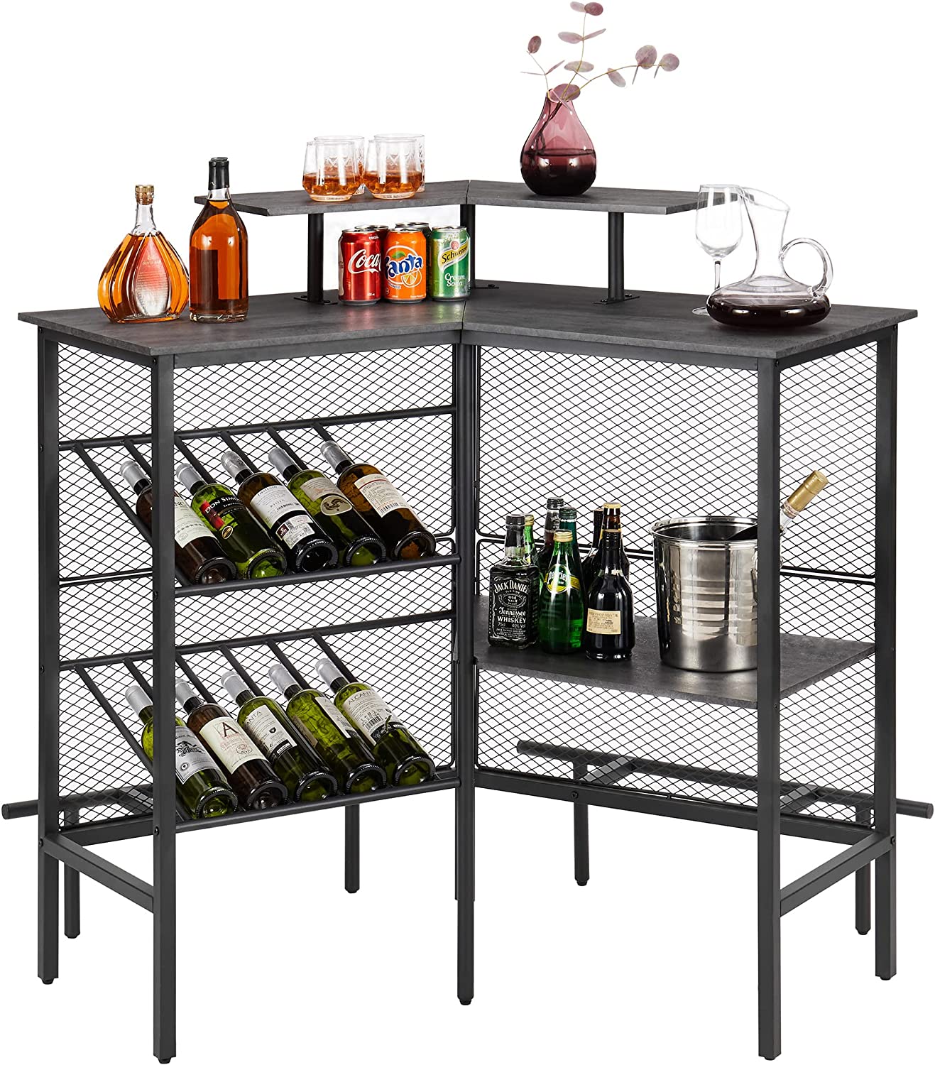 VECELO Bar Unit, 3 Tier Liquor Cabinet with Metal Mesh Front - VECELO