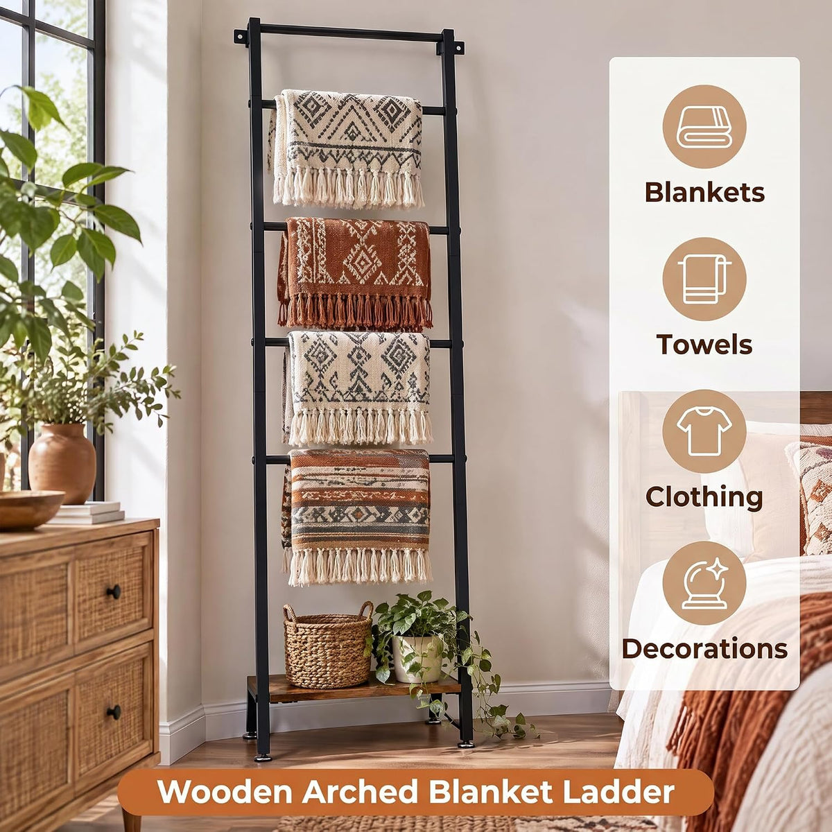 VECELO Blanket Ladder 5‑Tier Metal Ladder Shelf with Bottom Storage Shelf for Living Room and Bedroom