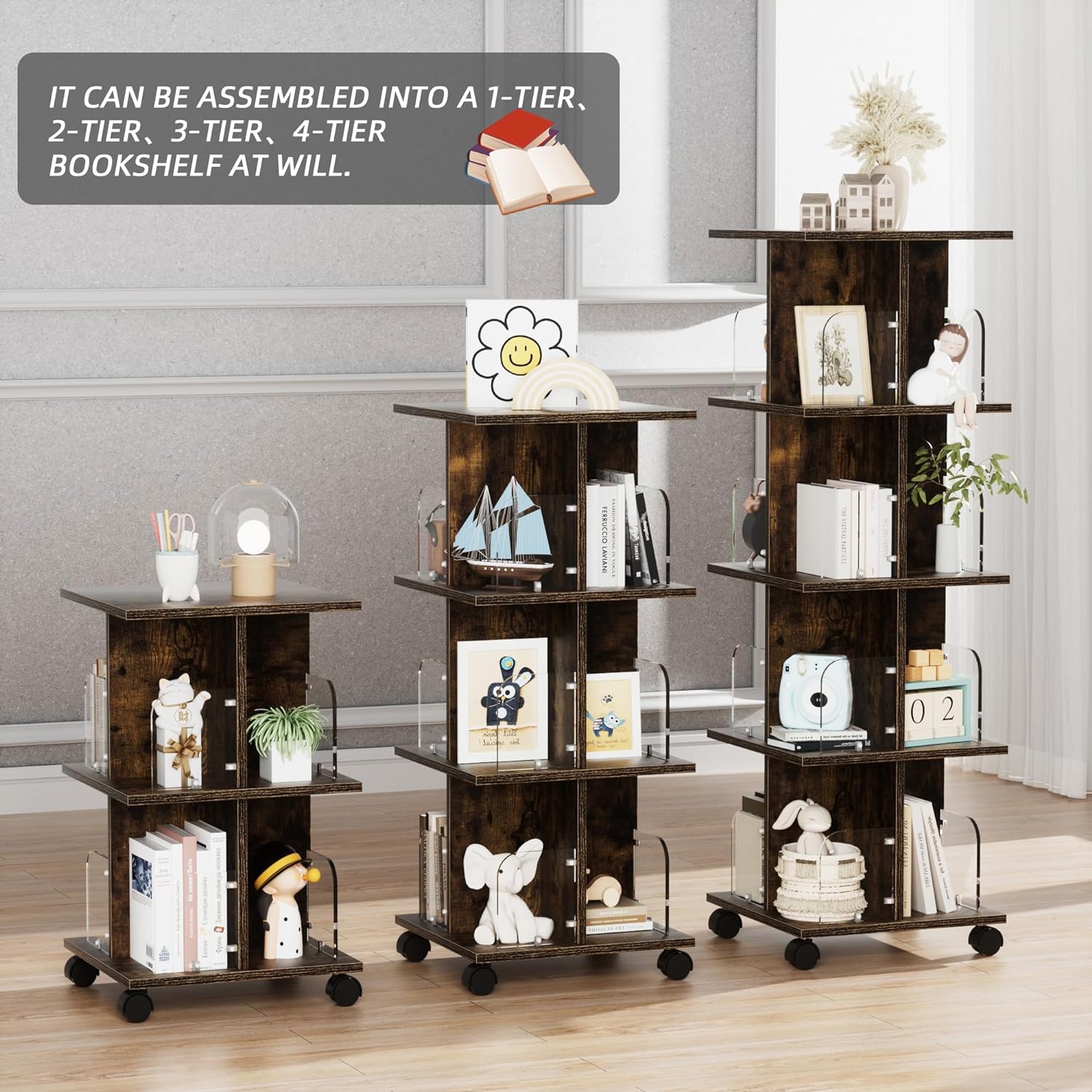 VECELO 4 Tier Rotating Bookshelf Tower,360° Corner Display Shelf with Wheels - VECELO