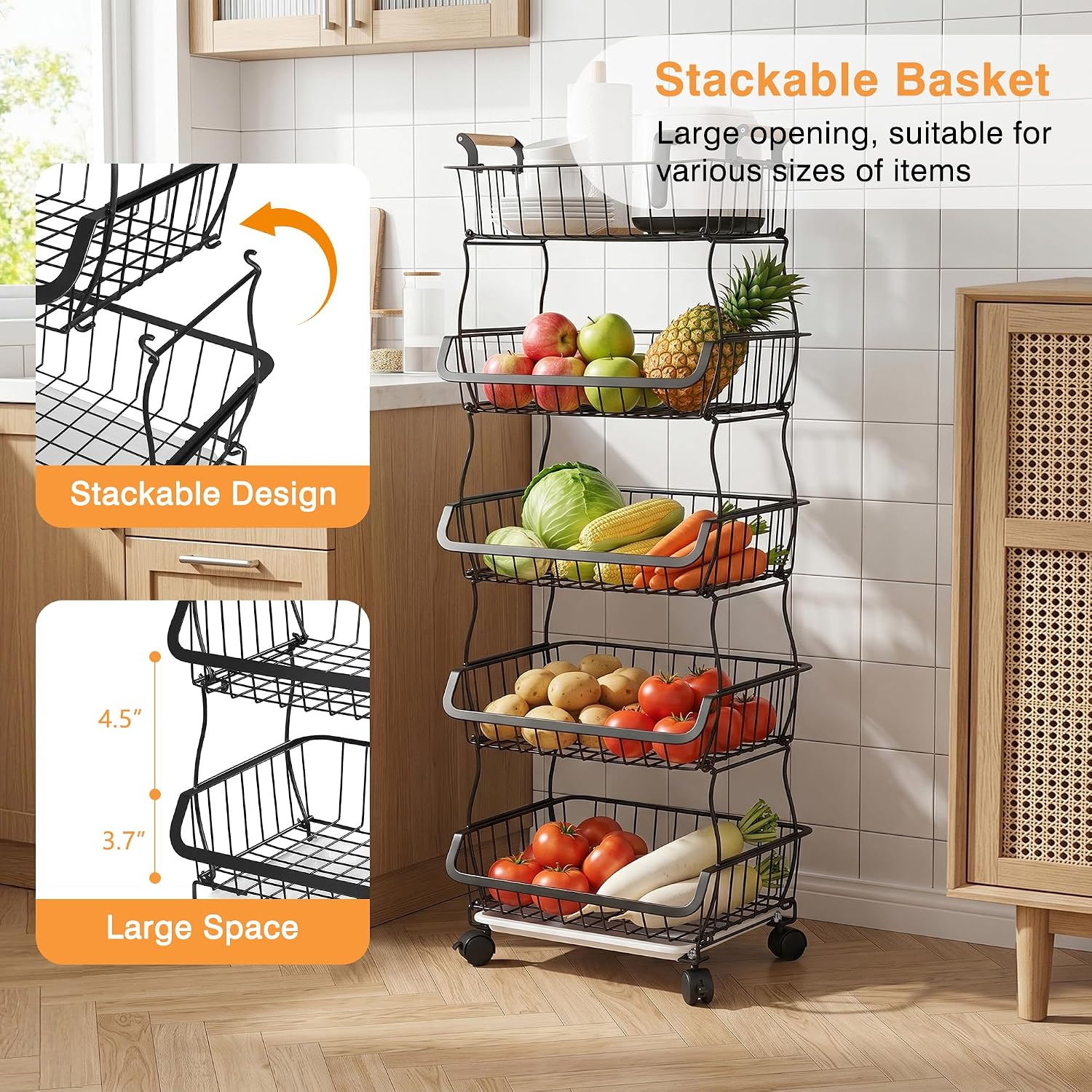 VECELO 3-Tier Fruit Basket with Wheels,