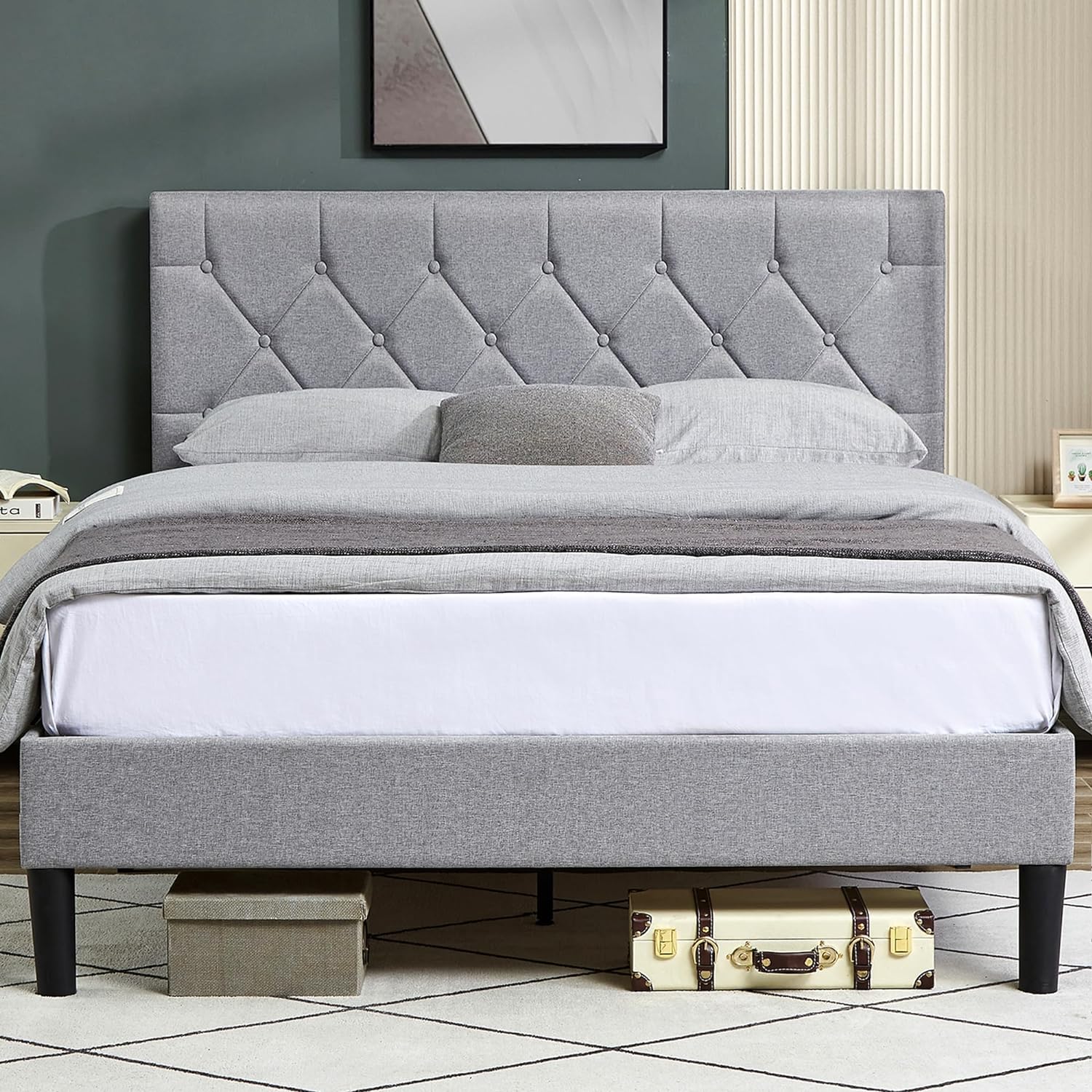 VECELO Bed Frame, Upholstered Platform with Adjustable Diamond Tufted Headboard