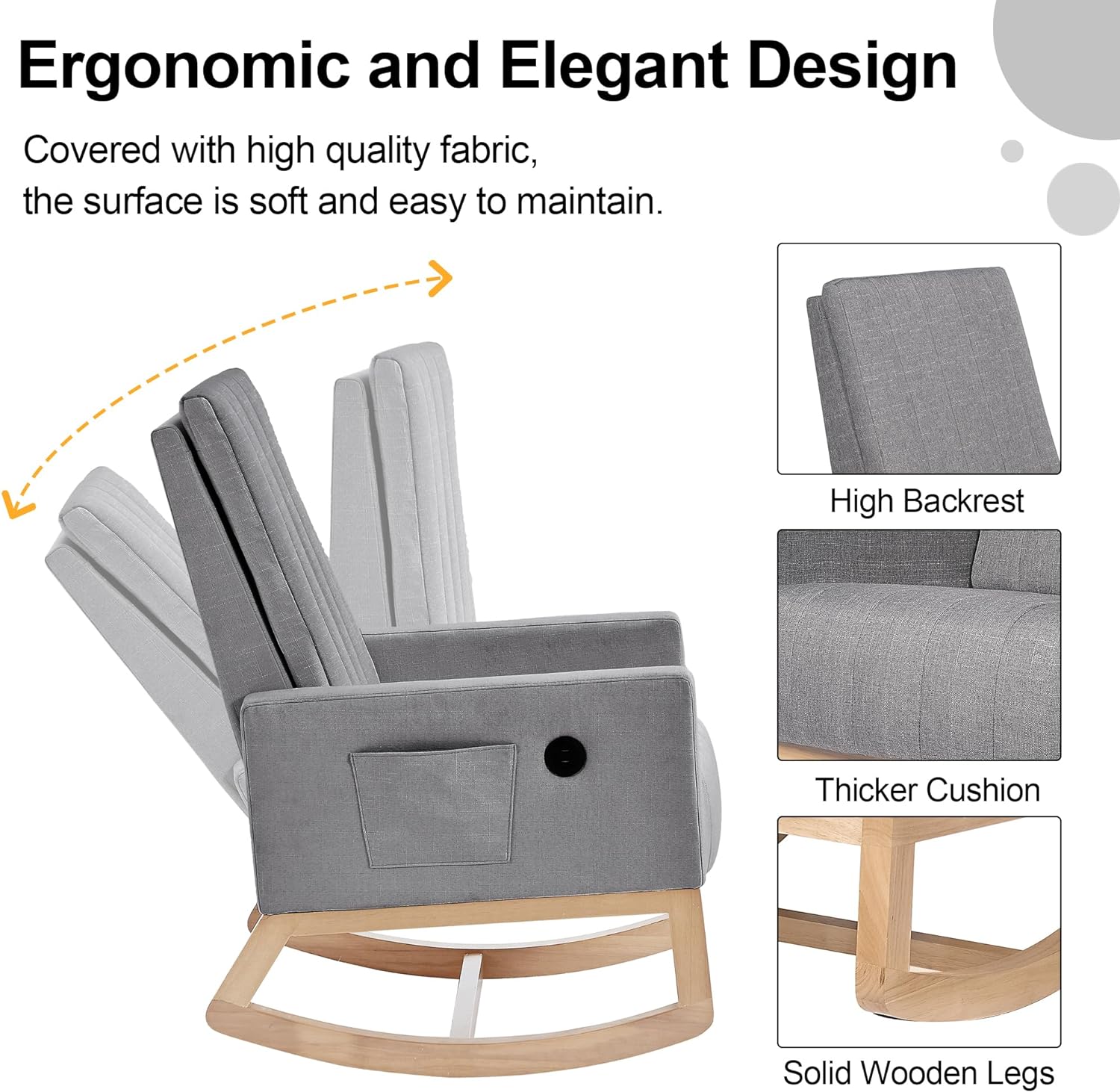 VECELO Rocking Chair Upholstered Nursery Glider Rocker High Backrest Comfy Armchair with Side Pocket and USB Port - VECELO