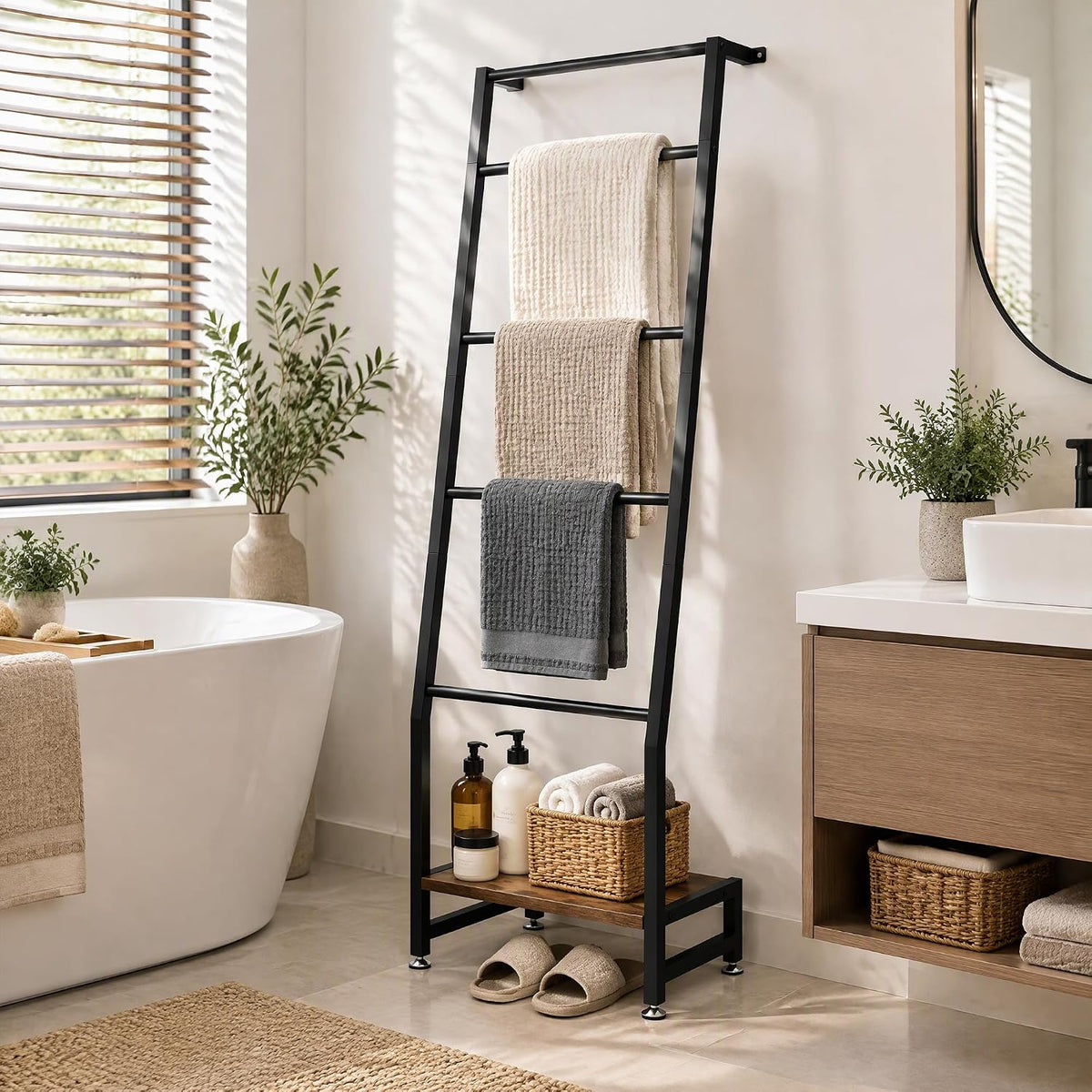VECELO Blanket Ladder 5‑Tier Metal Ladder Shelf with Bottom Storage Shelf for Living Room and Bedroom