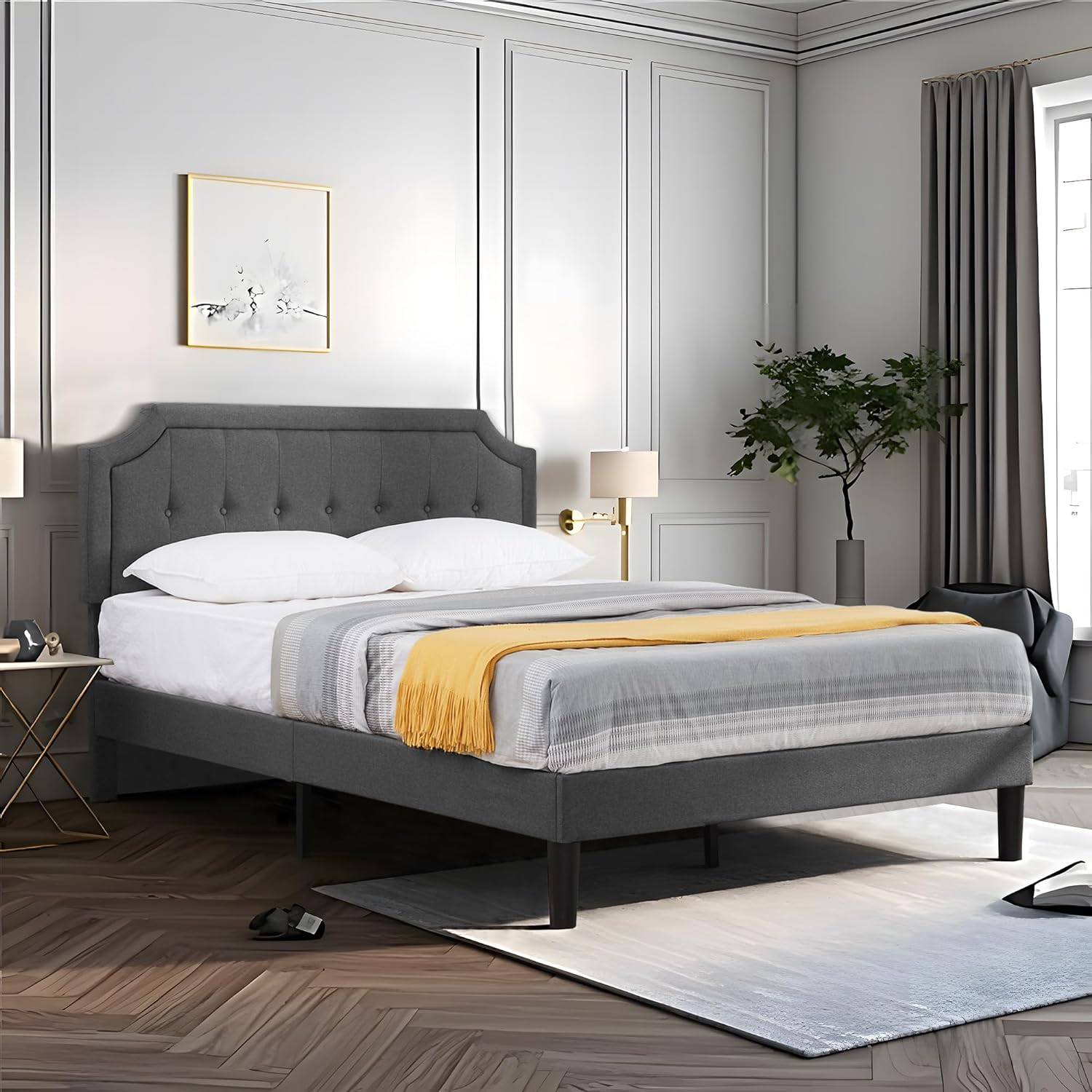 VECELO Premium Upholstered Platform Bed Diamond Stitched Panel Headboard