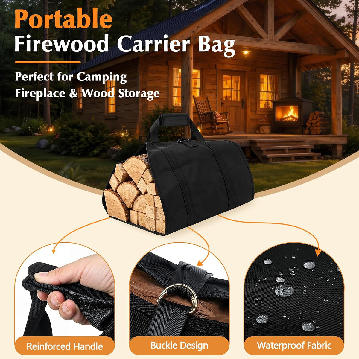 VECELO 34 Inch Firewood Rack with Carrier Bag Heavy Duty Outdoor Wood Rack