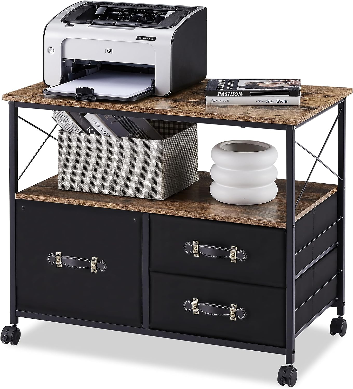 VECELO 3 Drawer Lateral File Cabinet, Rolling Printer Stand with Open Storage Shelf - VECELO