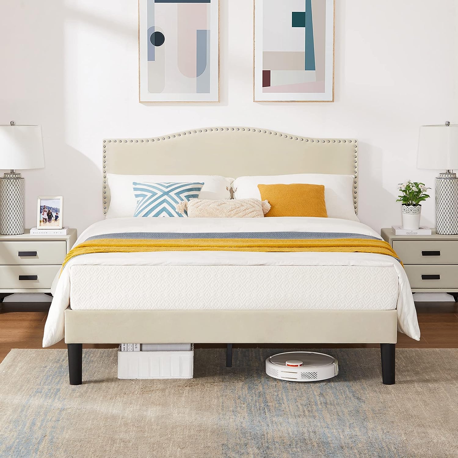 VECELO Bed Frame Platform with Upholstered Headboard & Wooden Slats Support - VECELO