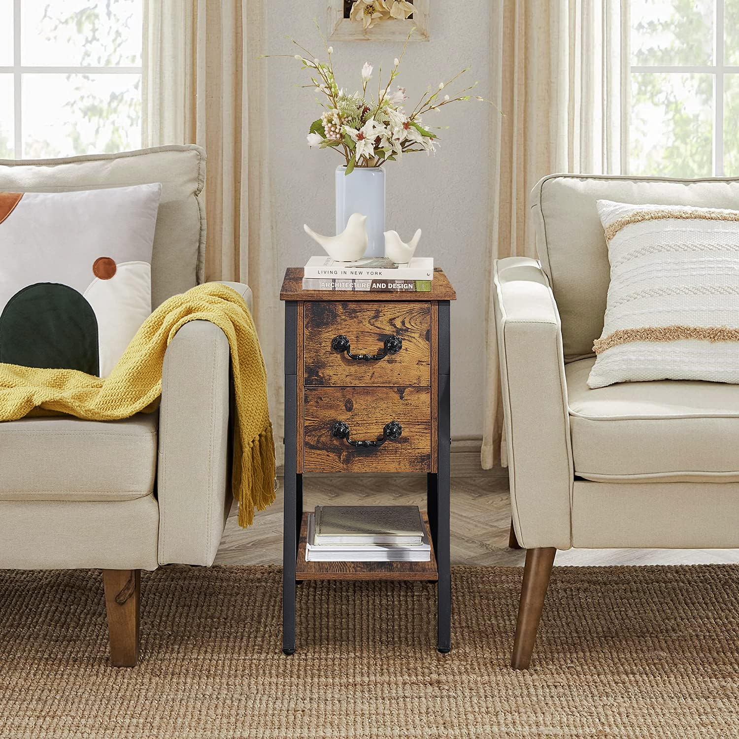 VECELO End Tables,Narrow Nightstands with Charging Station & USB Ports &Drawers - VECELO