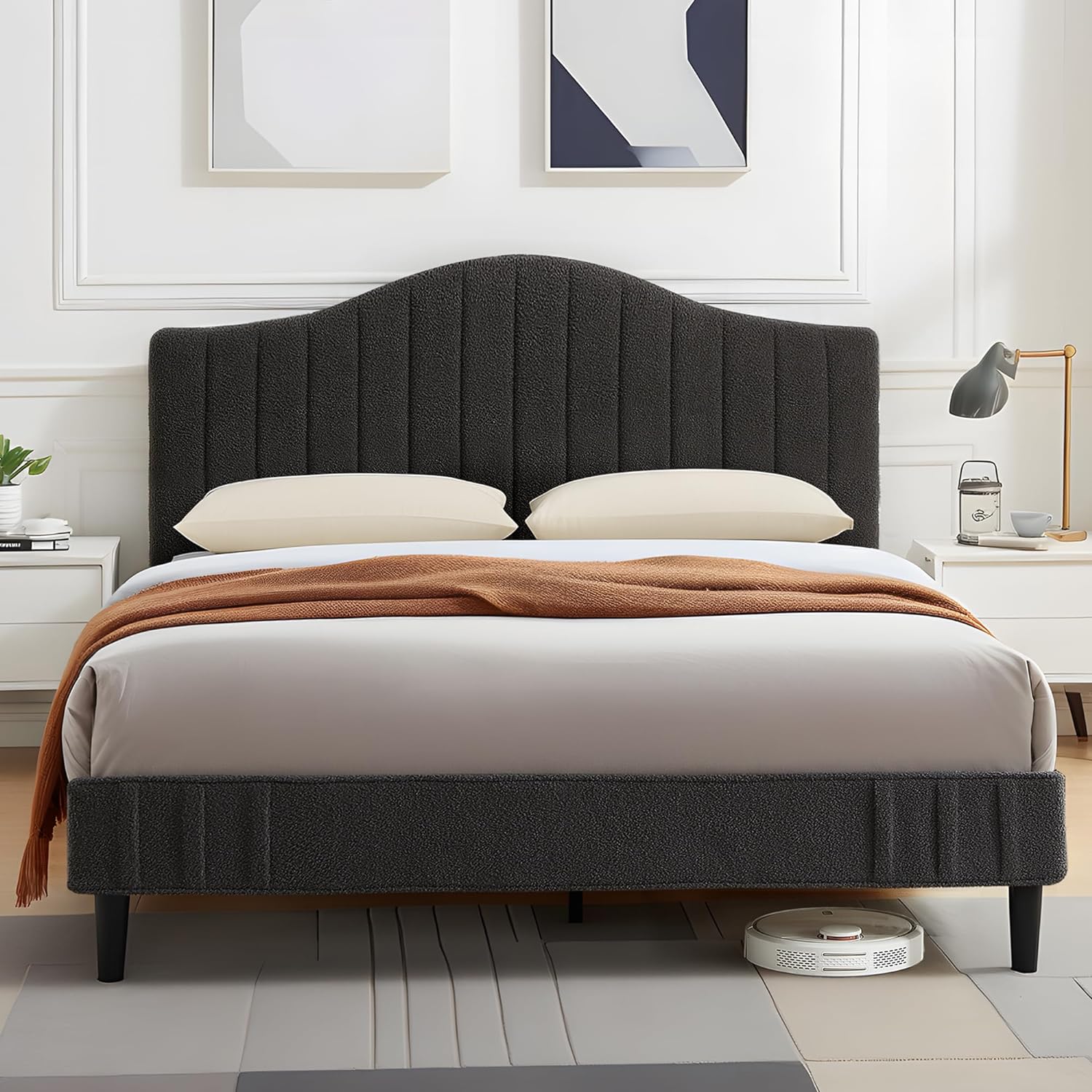 VECELO Upholstered Platform Bed Frame with Sheepskin Fabric Adjustable Headboard/Strong Wood Slats Supports